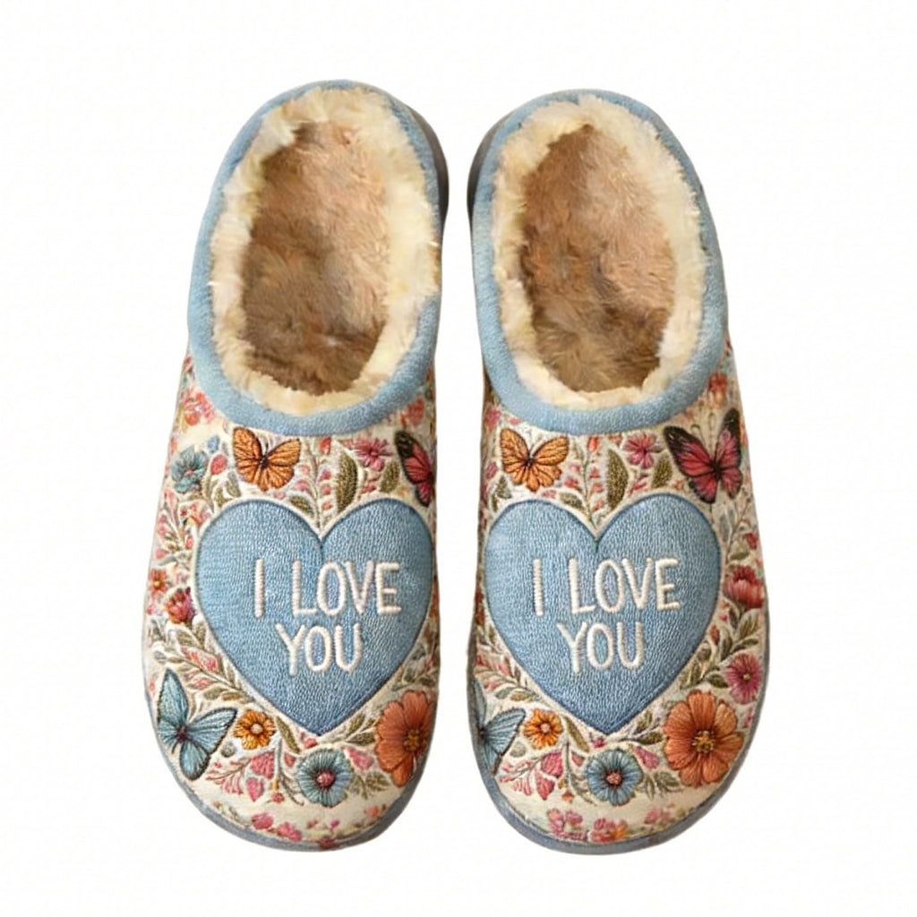 Light Blue Floral "I Love You" Heart Embroidery Plush Printed Slippers