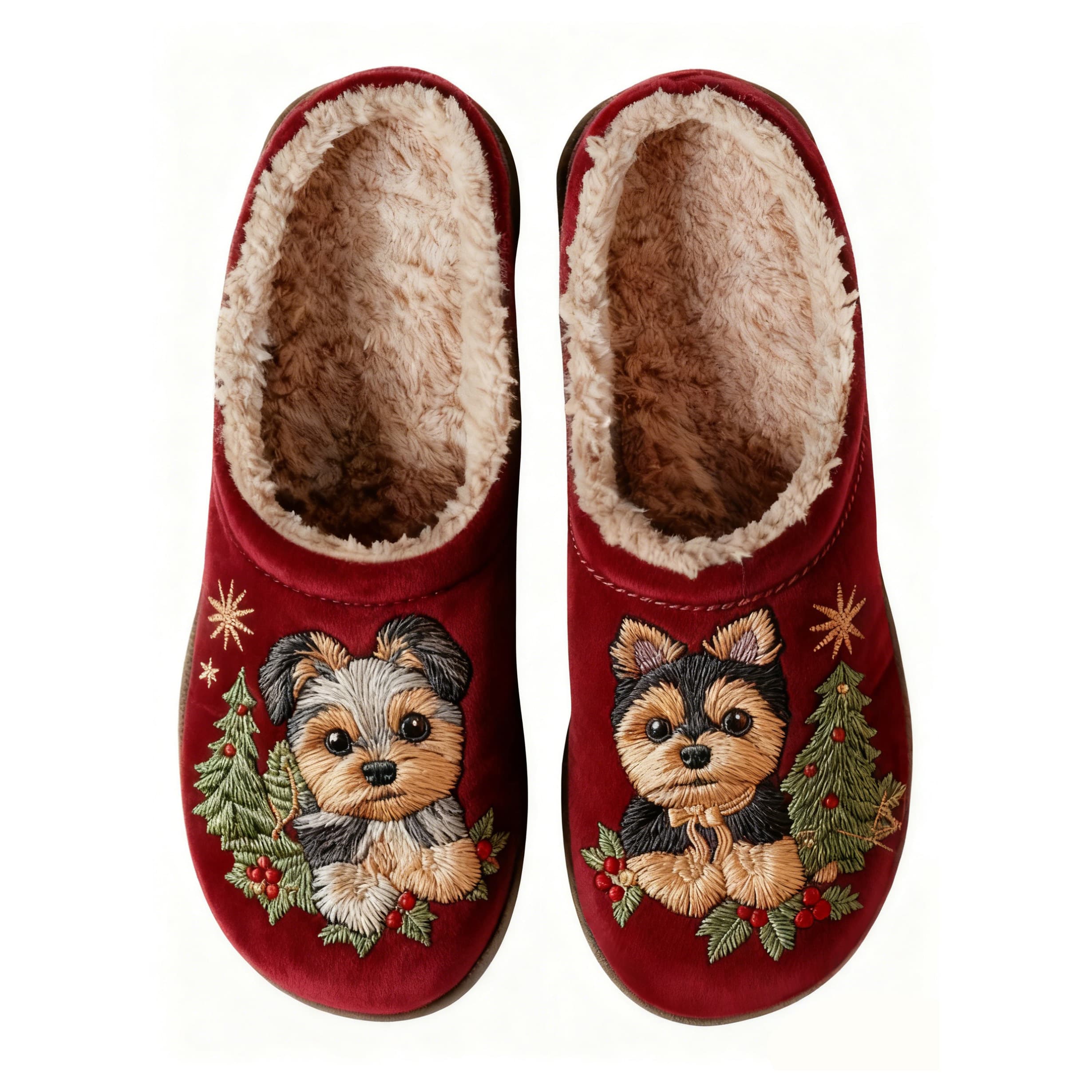 Christmas Yorkshire Terrier Embroidery Plush Printed Slippers