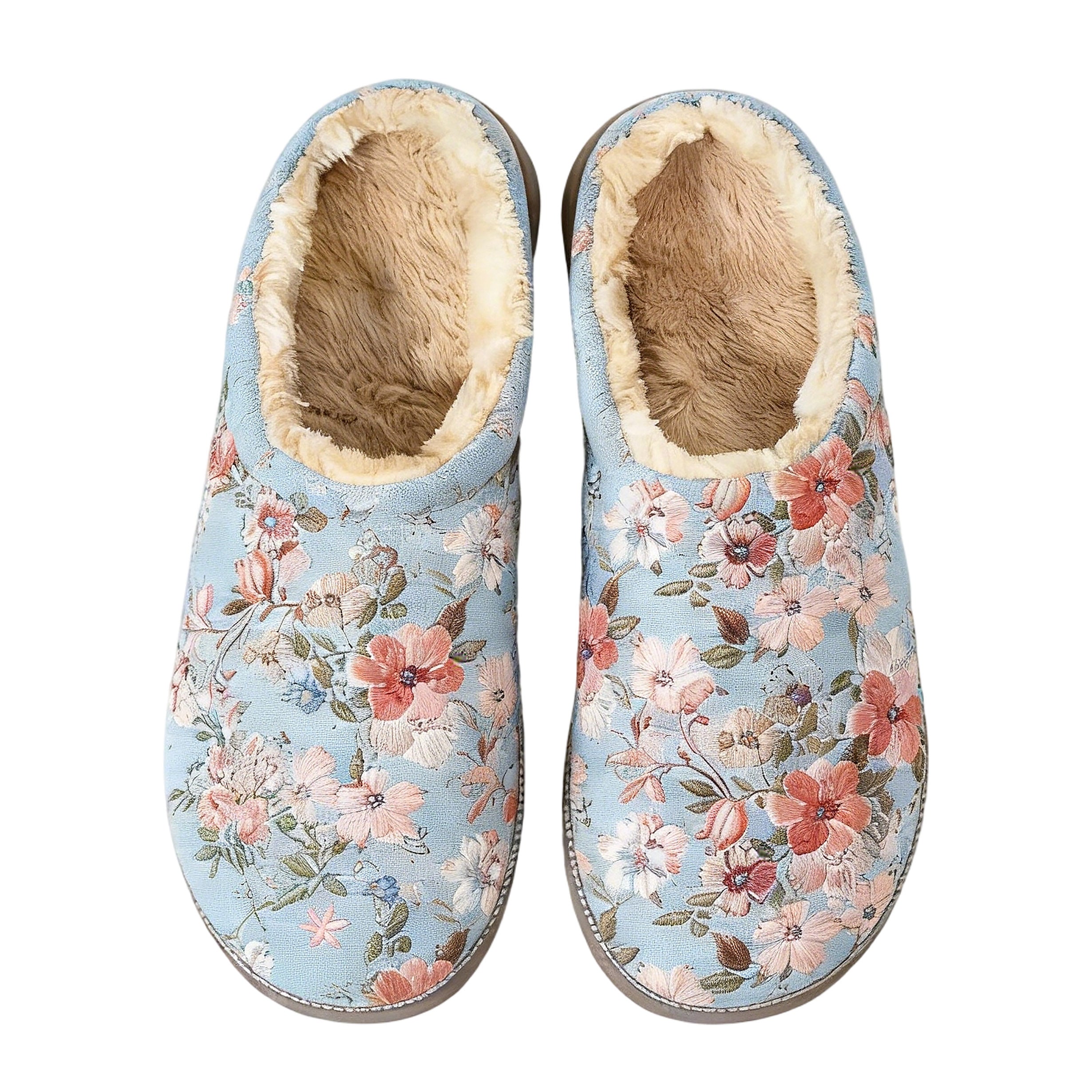 Soft Blue Botanical Embroidery Plush Printed Slippers