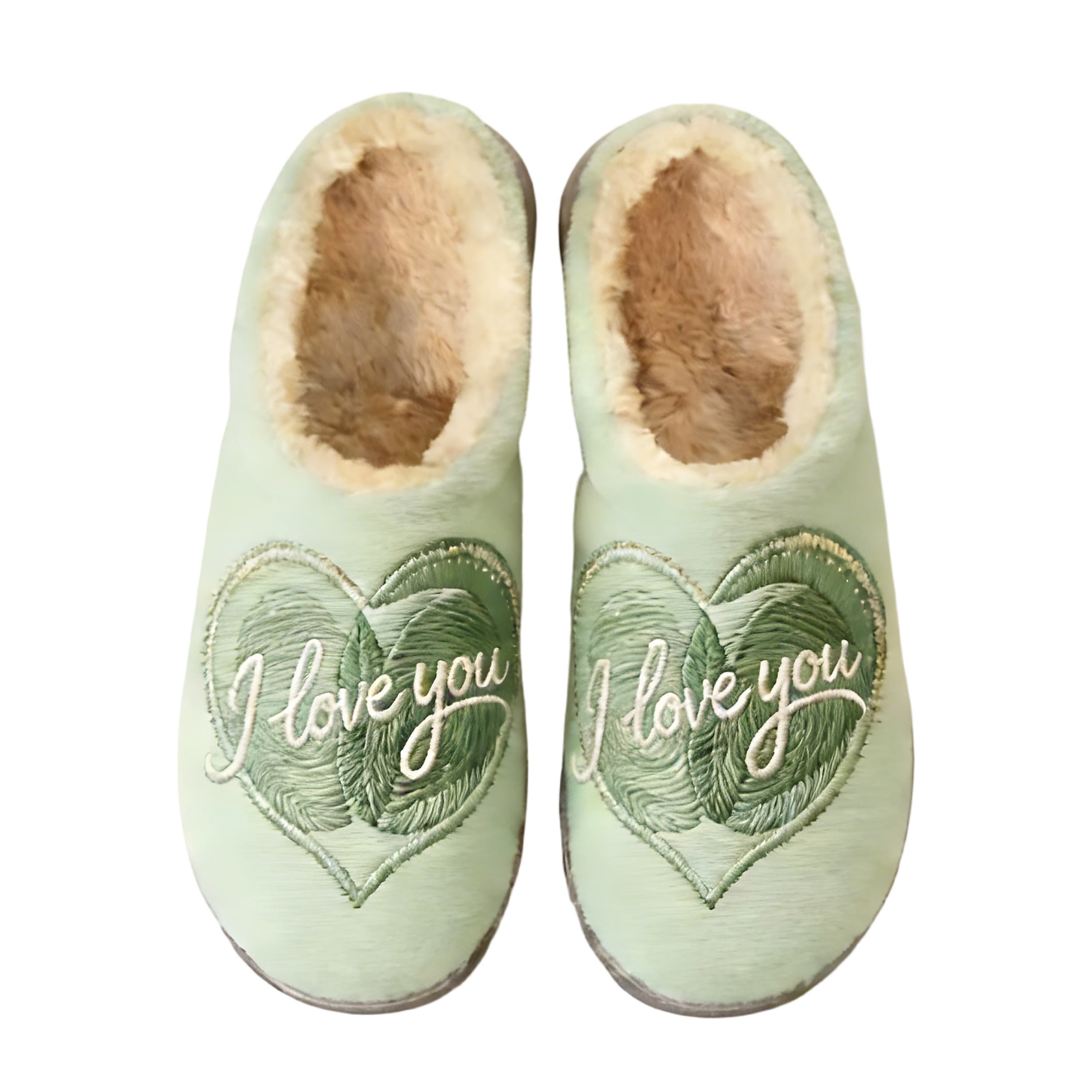 Mint Green Double Heart "I Love You" Embroidery Plush Printed Slippers