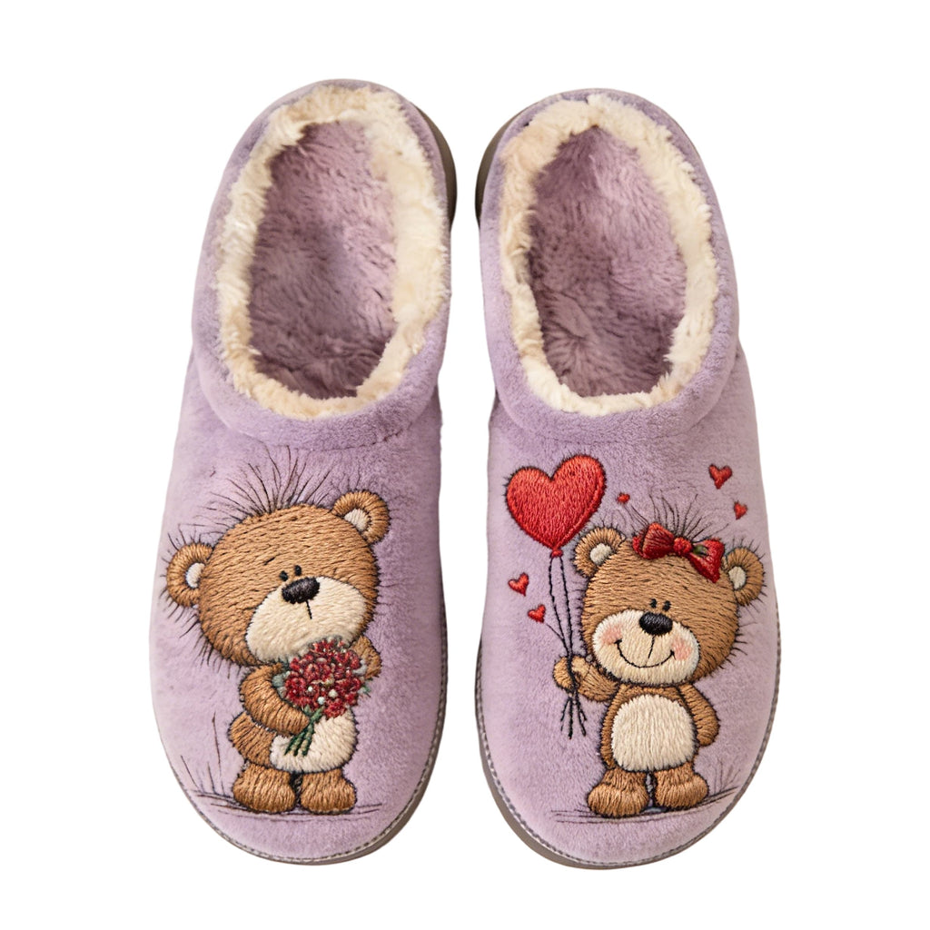 Purple Teddy Bear Couple Embroidery Plush Printed Slippers
