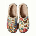 Hollyhock Garden and Butterflies Embroidery Plush Printed Slippers