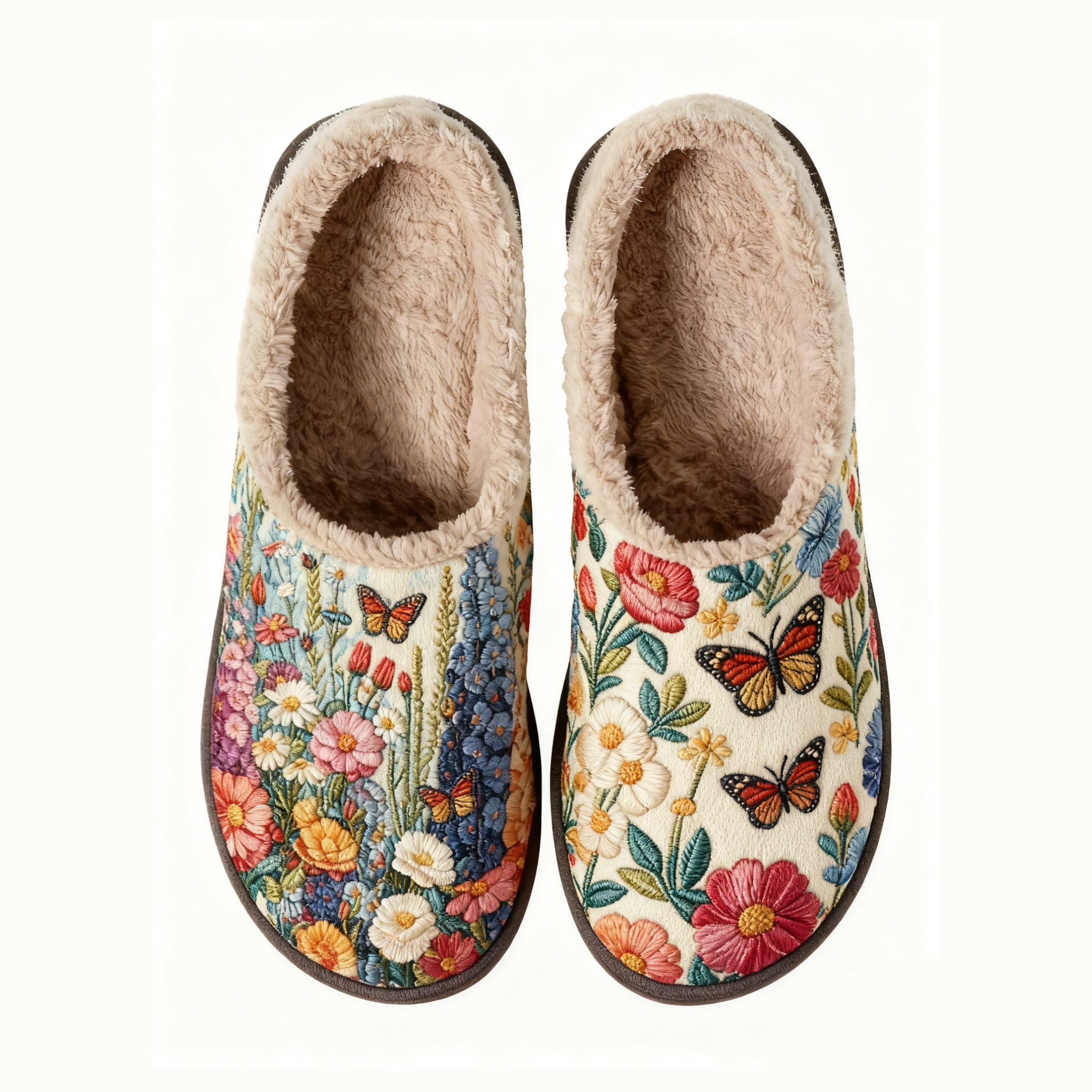 Hollyhock Garden and Butterflies Embroidery Plush Printed Slippers