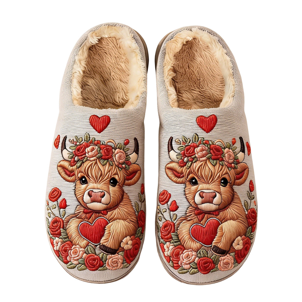 Floral Crown Highland Cow Heart Embroidery Plush Printed Slippers