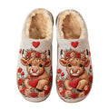Floral Crown Highland Cow Heart Embroidery Plush Printed Slippers