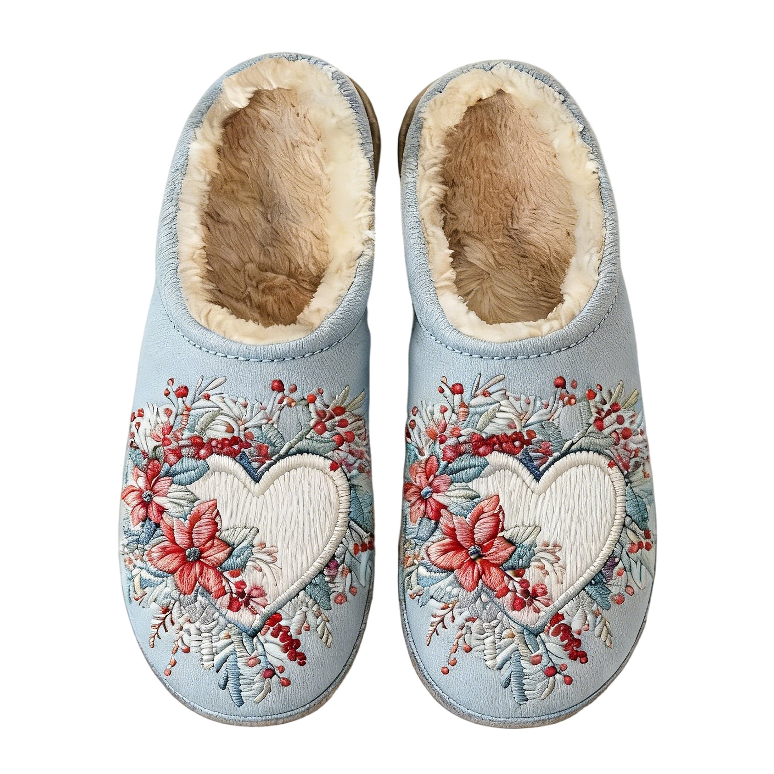 Pale Blue Poinsettia Heart Embroidery Plush Printed Slippers