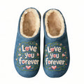 Navy Blue "Love You Forever" Embroidery Plush Printed Slippers