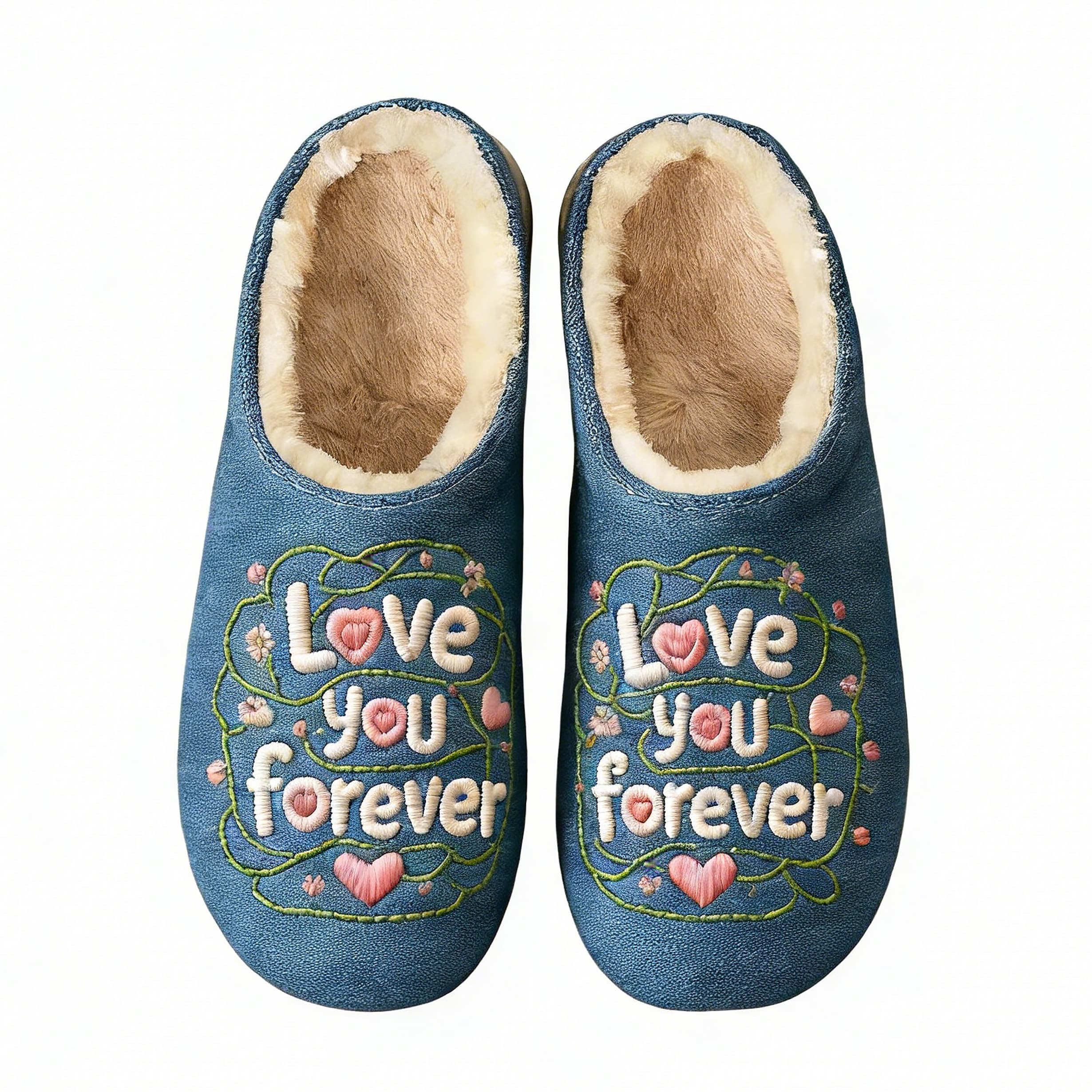 Navy Blue "Love You Forever" Embroidery Plush Printed Slippers