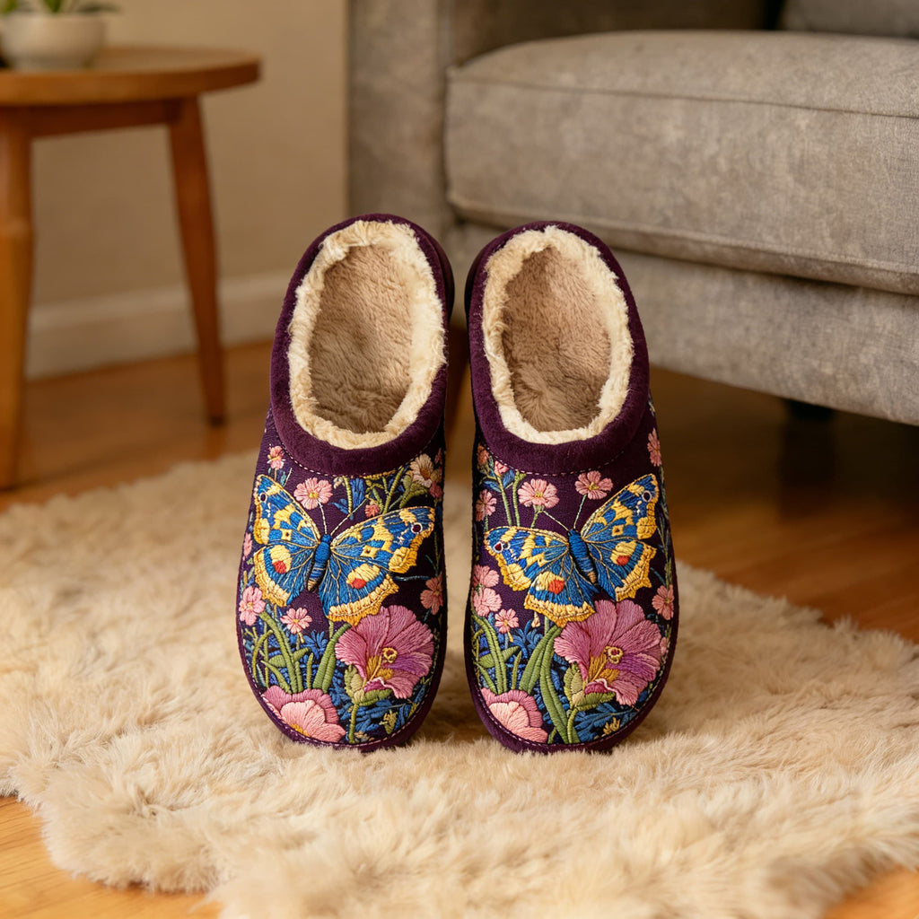 Plum Purple Butterfly & Floral Embroidery Plush Printed Slippers