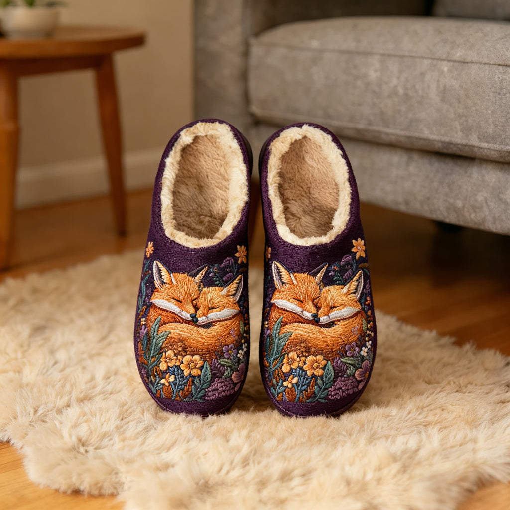 Violet Cuddling Foxes Plush Printed Slippers