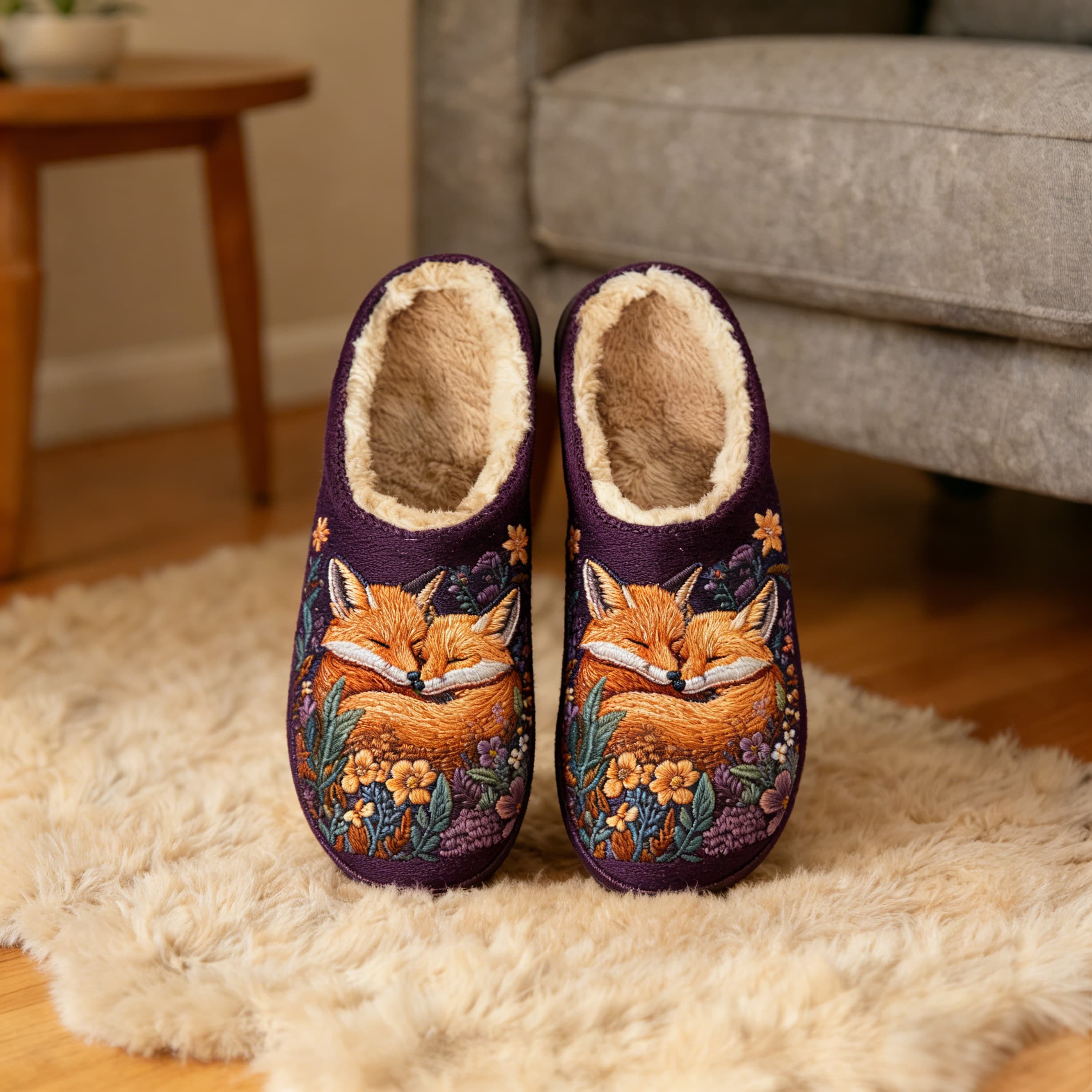 Violet Cuddling Foxes Plush Printed Slippers