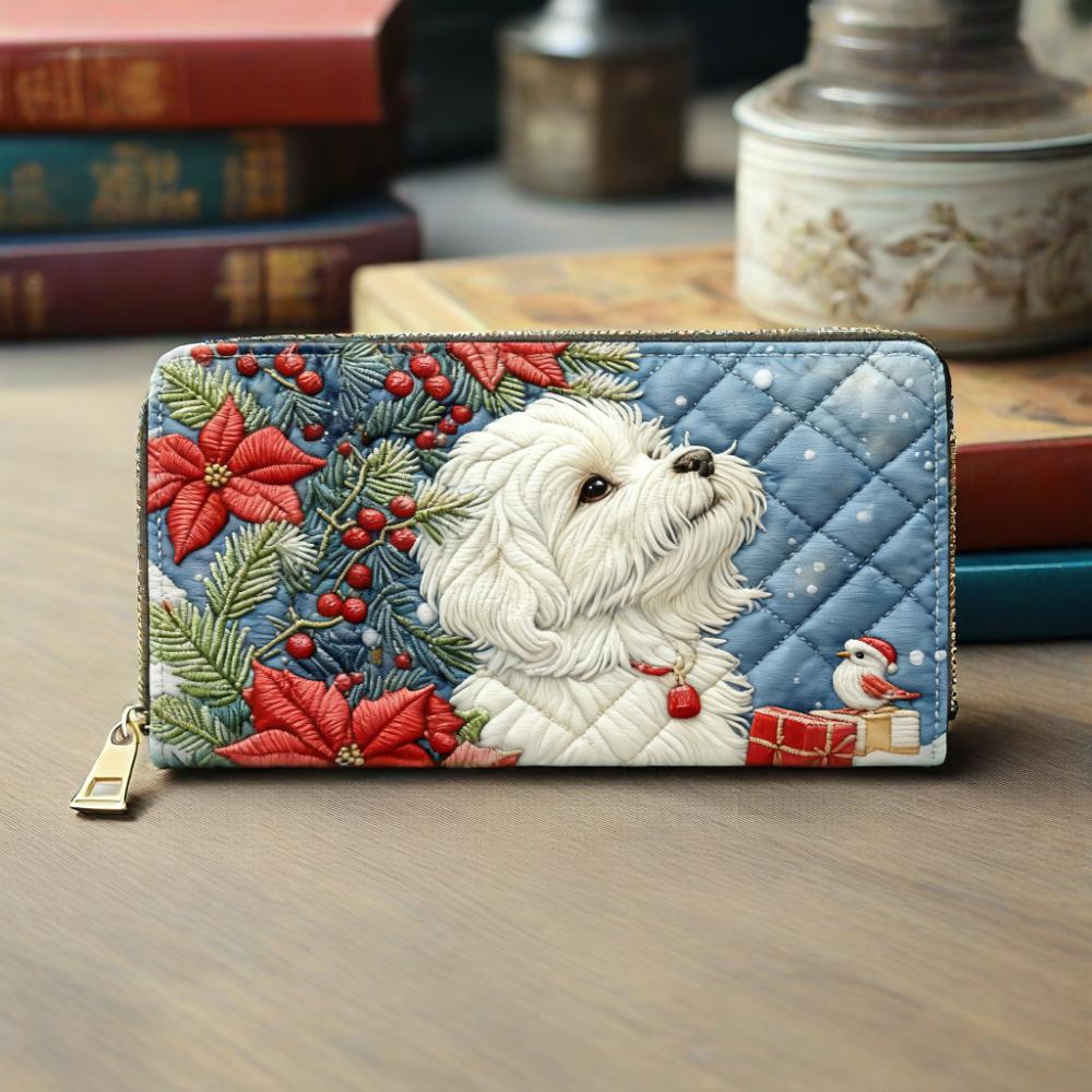 Red Flowers And White Dog Van Quilted Wallet
