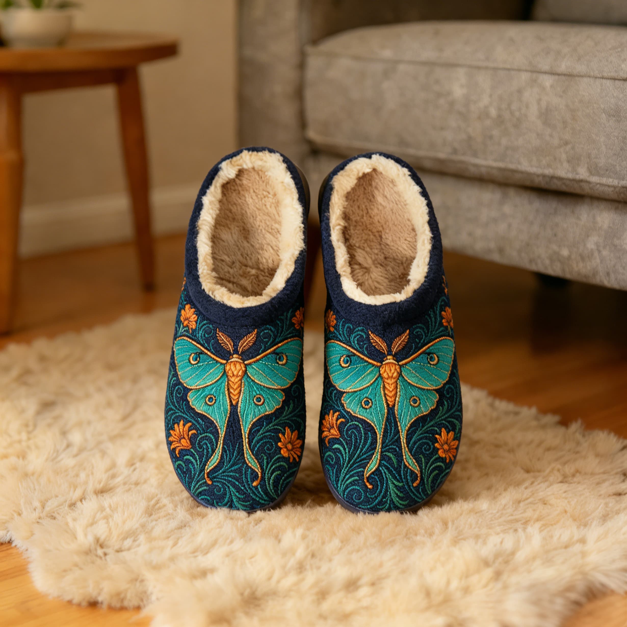 Navy Luna Moth Embroidery Plush Printed Slippers