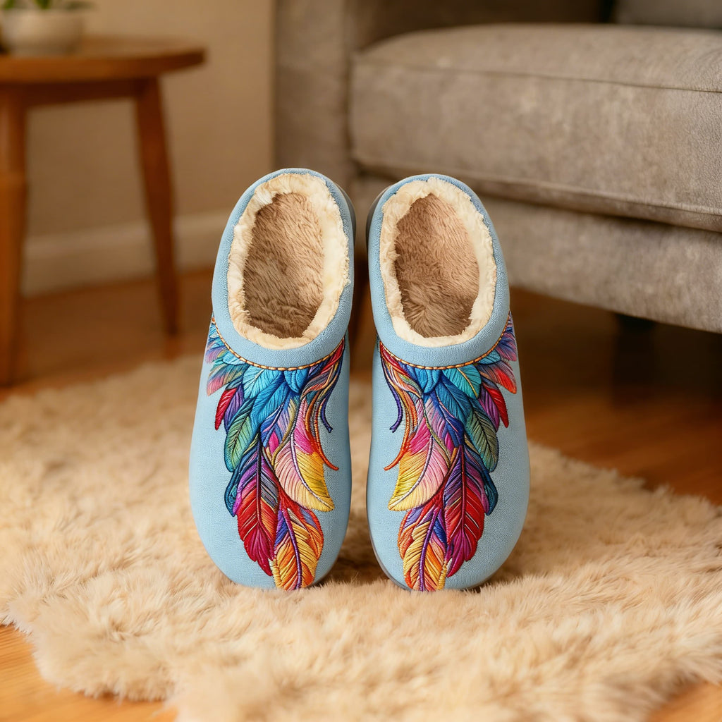 Sky Blue Rainbow Feather Embroidery Plush Printed Slippers