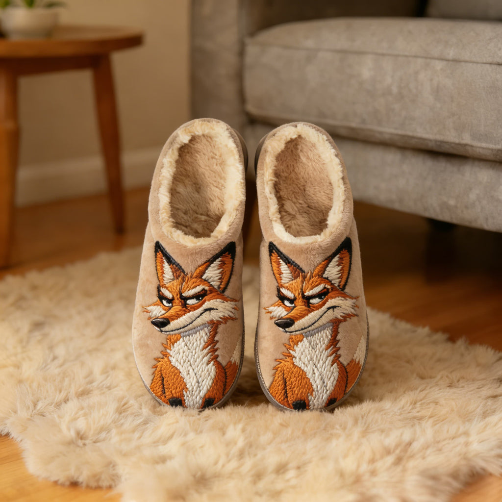 Tan Sassy Fox Embroidery Plush Printed Slippers