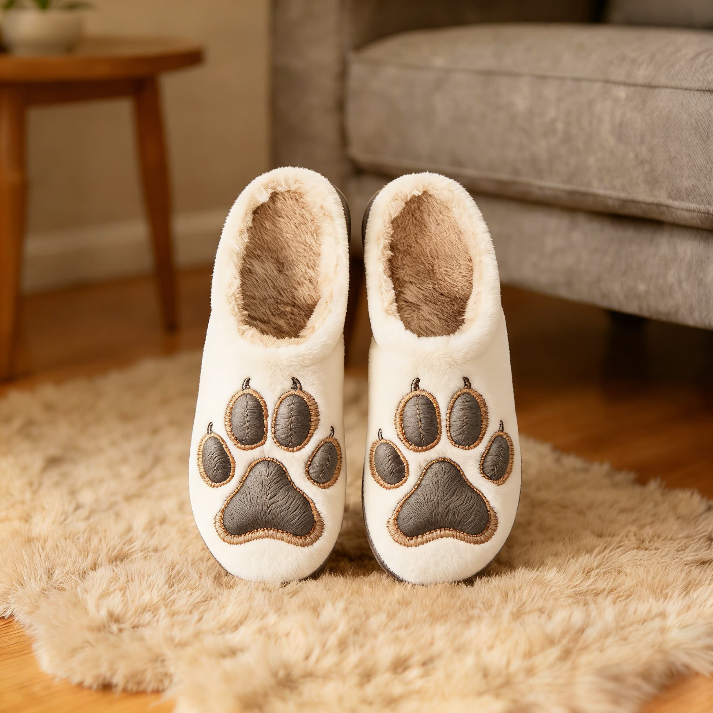 White Paw Print Embroidery Plush Printed Slippers