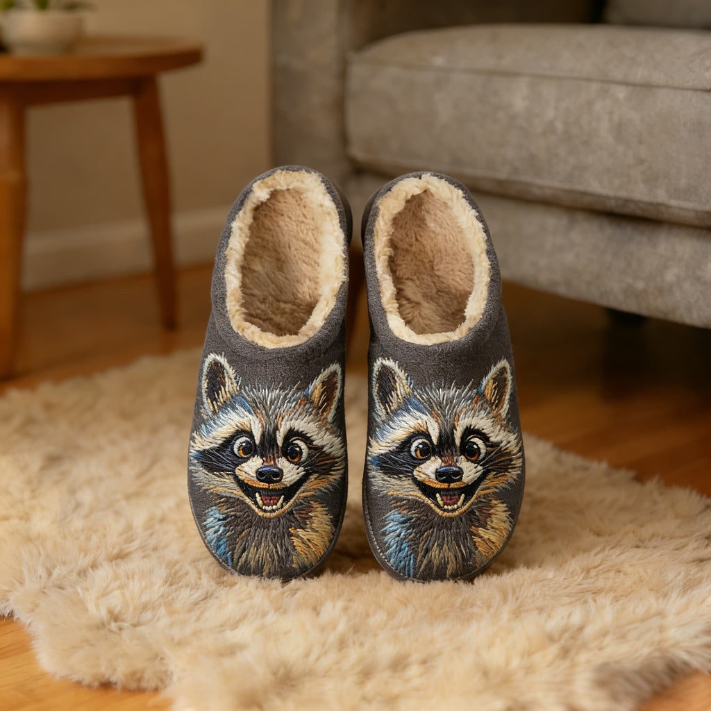Charcoal Raccoon Grin Embroidery Plush Printed Slippers