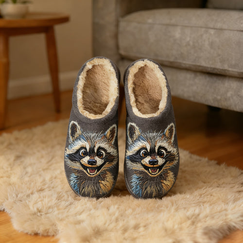 Charcoal Raccoon Grin Embroidery Plush Printed Slippers