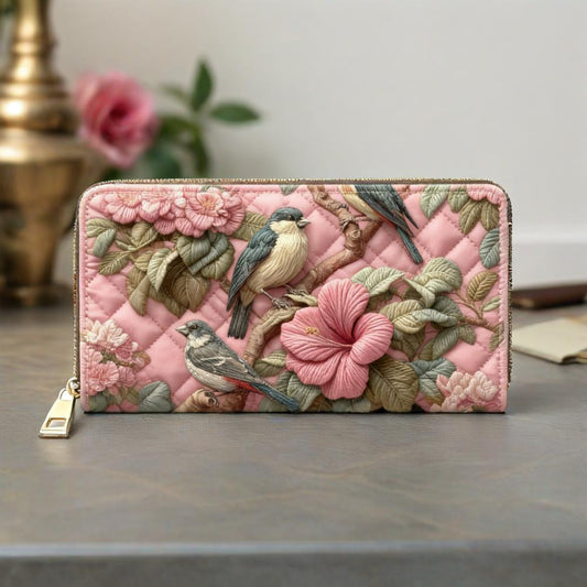 Magpies and Pink Azaleas Van Quilted Wallet