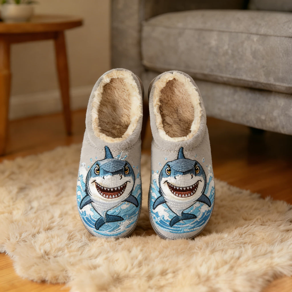 Light Gray Cheerful Shark Embroidery Plush Printed Slippers