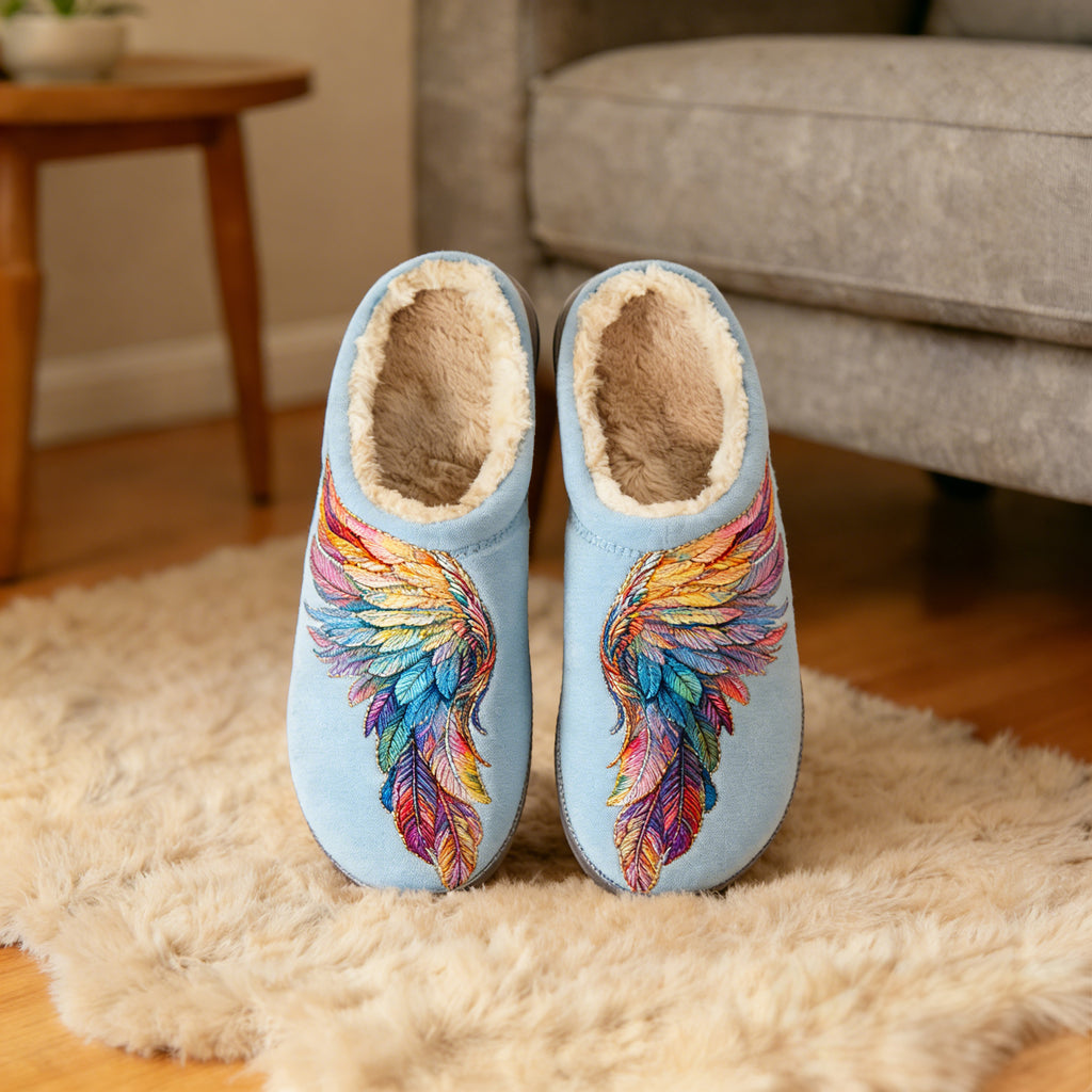 Sky Blue Rainbow Wing Embroidery Plush Printed Slippers