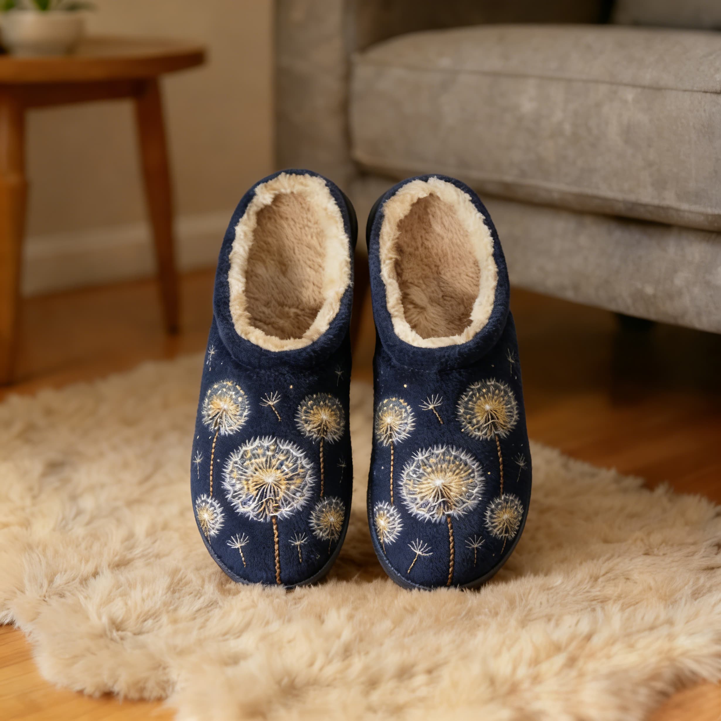 Navy Dandelion Fluff Embroidery Plush Printed Slippers