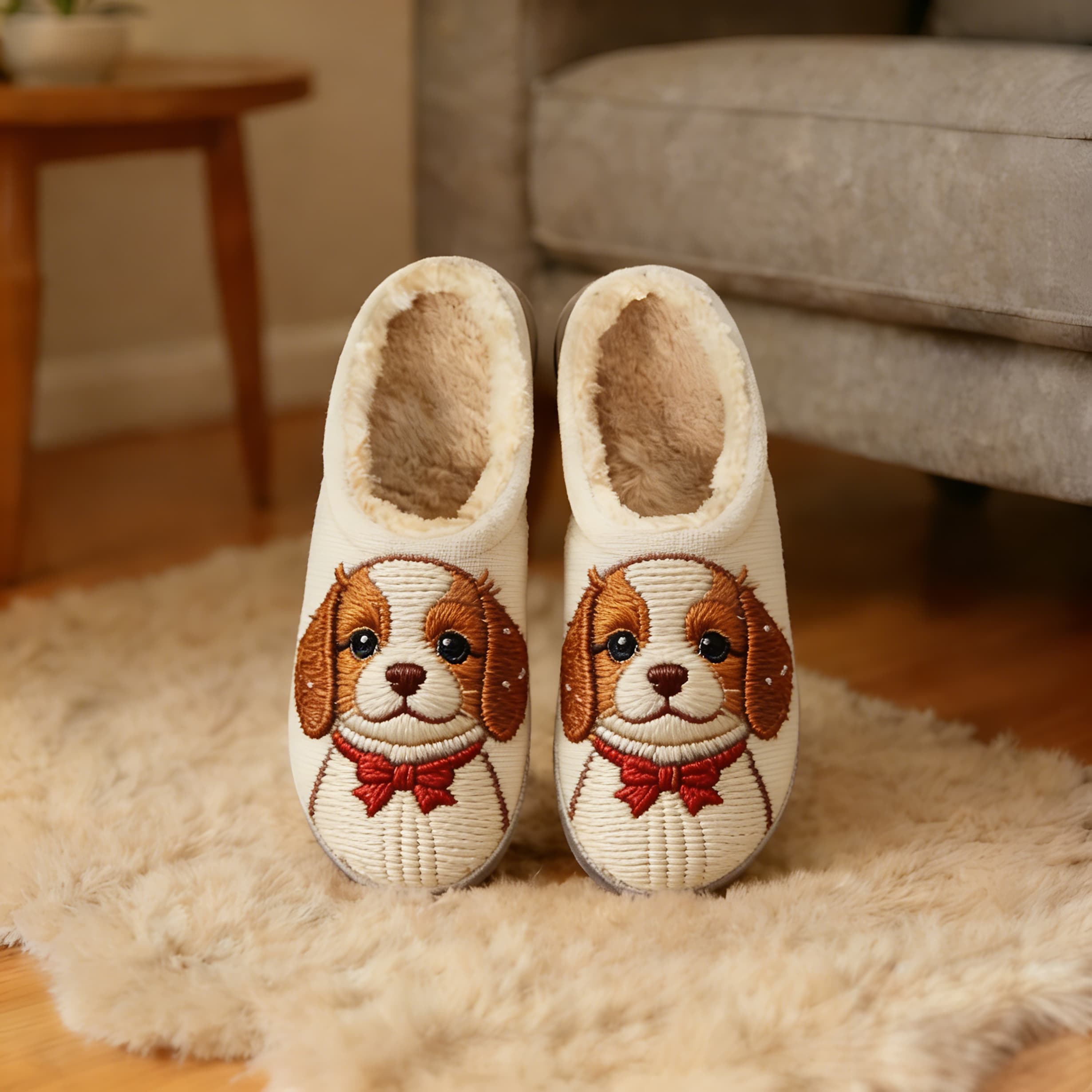 Ivory Puppy With Bowtie Embroidery Plush Printed Slippers