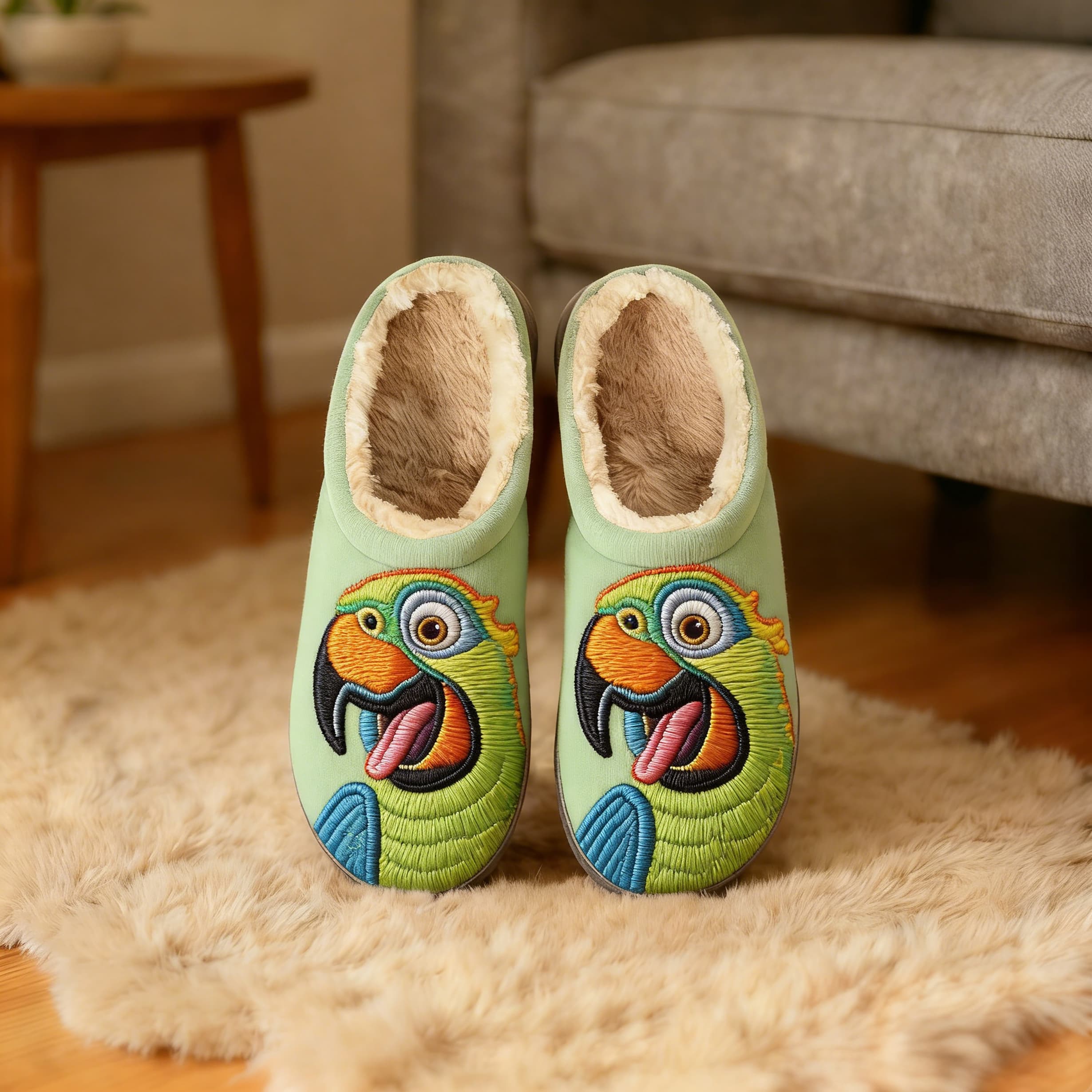 Mint Green Cartoon Parrot Embroidery Plush Printed Slippers