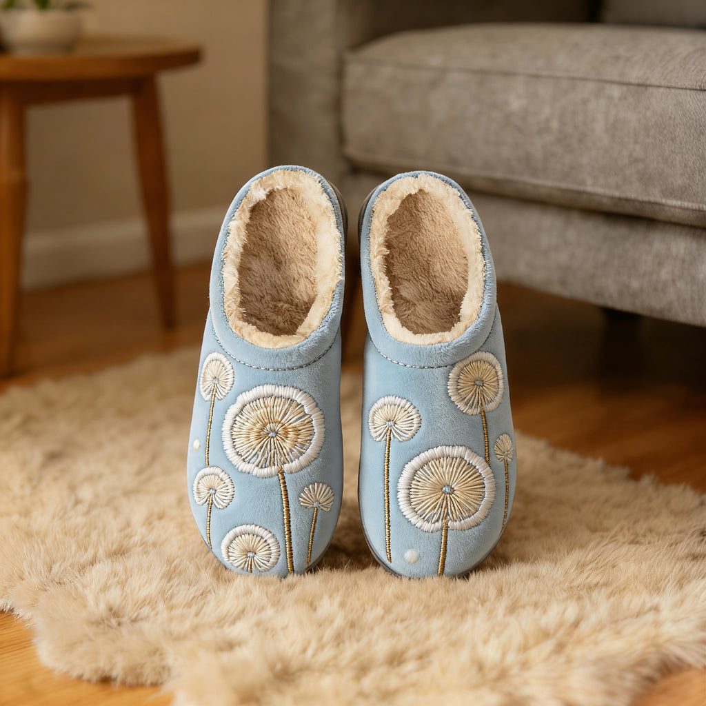 Powder Blue Dandelion Seed Embroidery Plush Printed Slippers