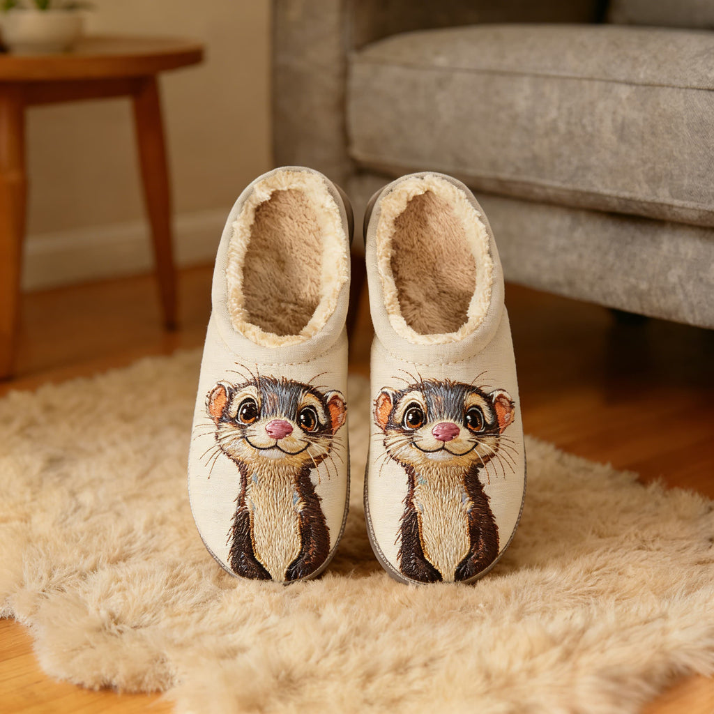 Ivory Ferret Character Embroidery Plush Printed Slippers