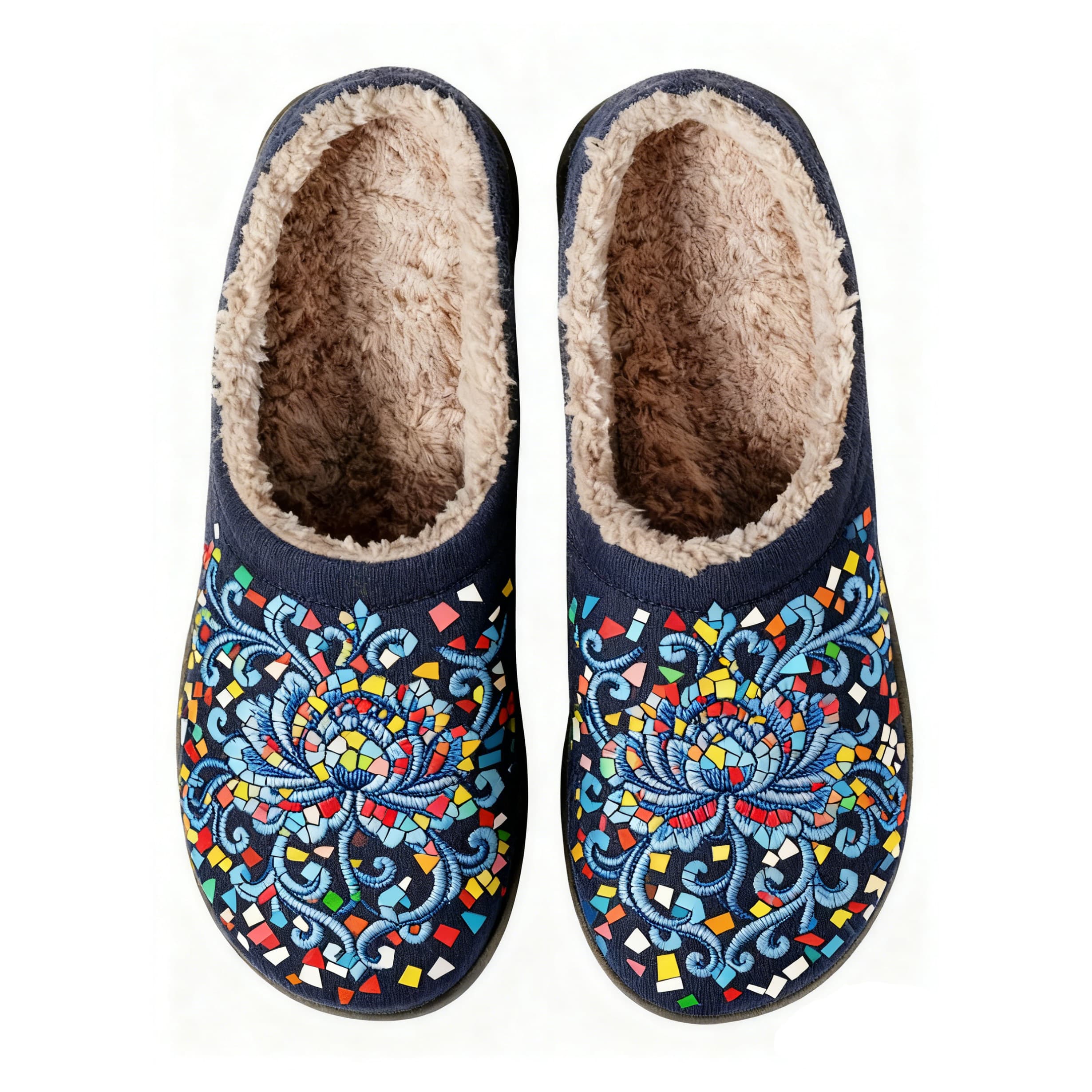 Vintage Peony Pattern Embroidery Plush Printed Slippers