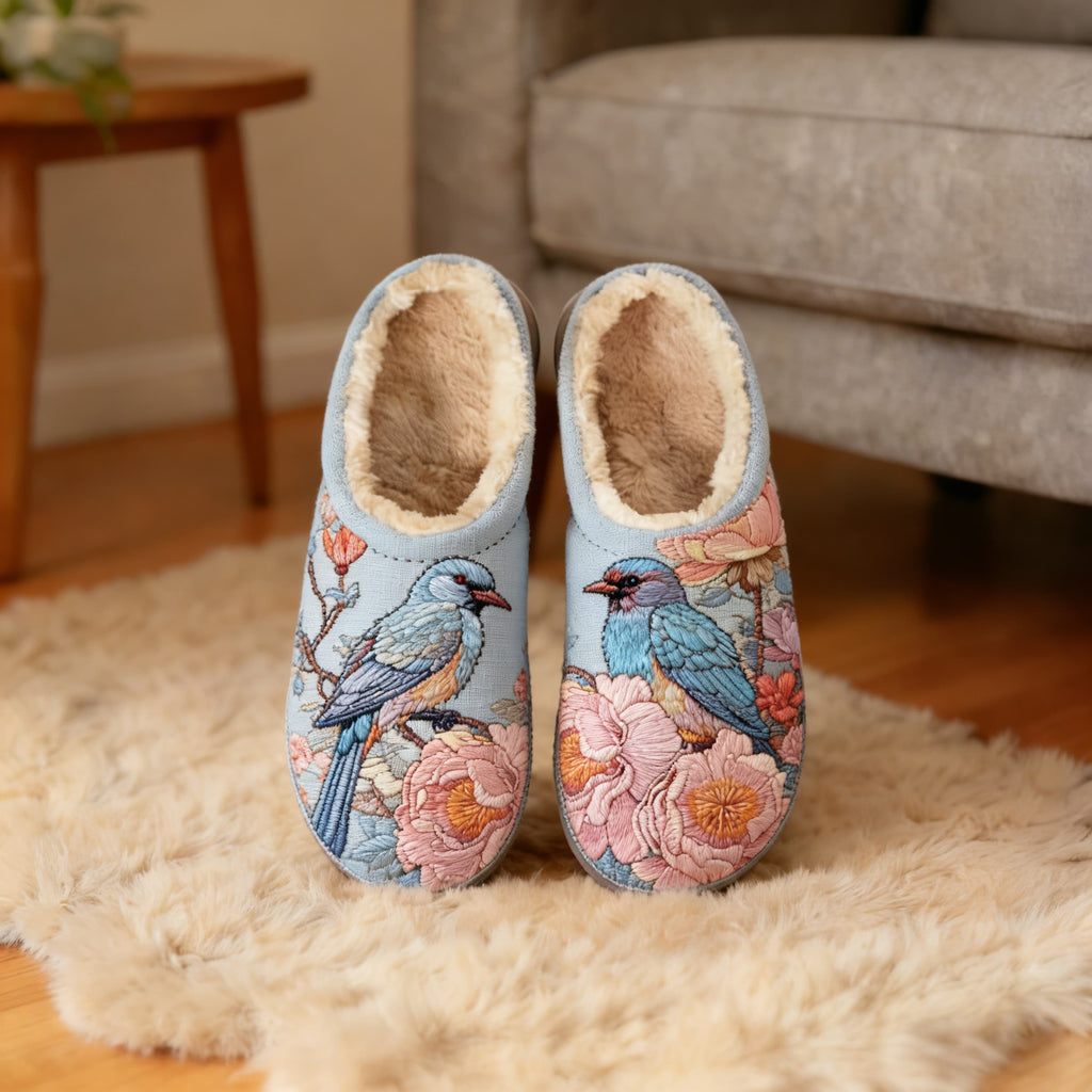 Pale Blue Bird & Peony Embroidery Plush Printed Slippers