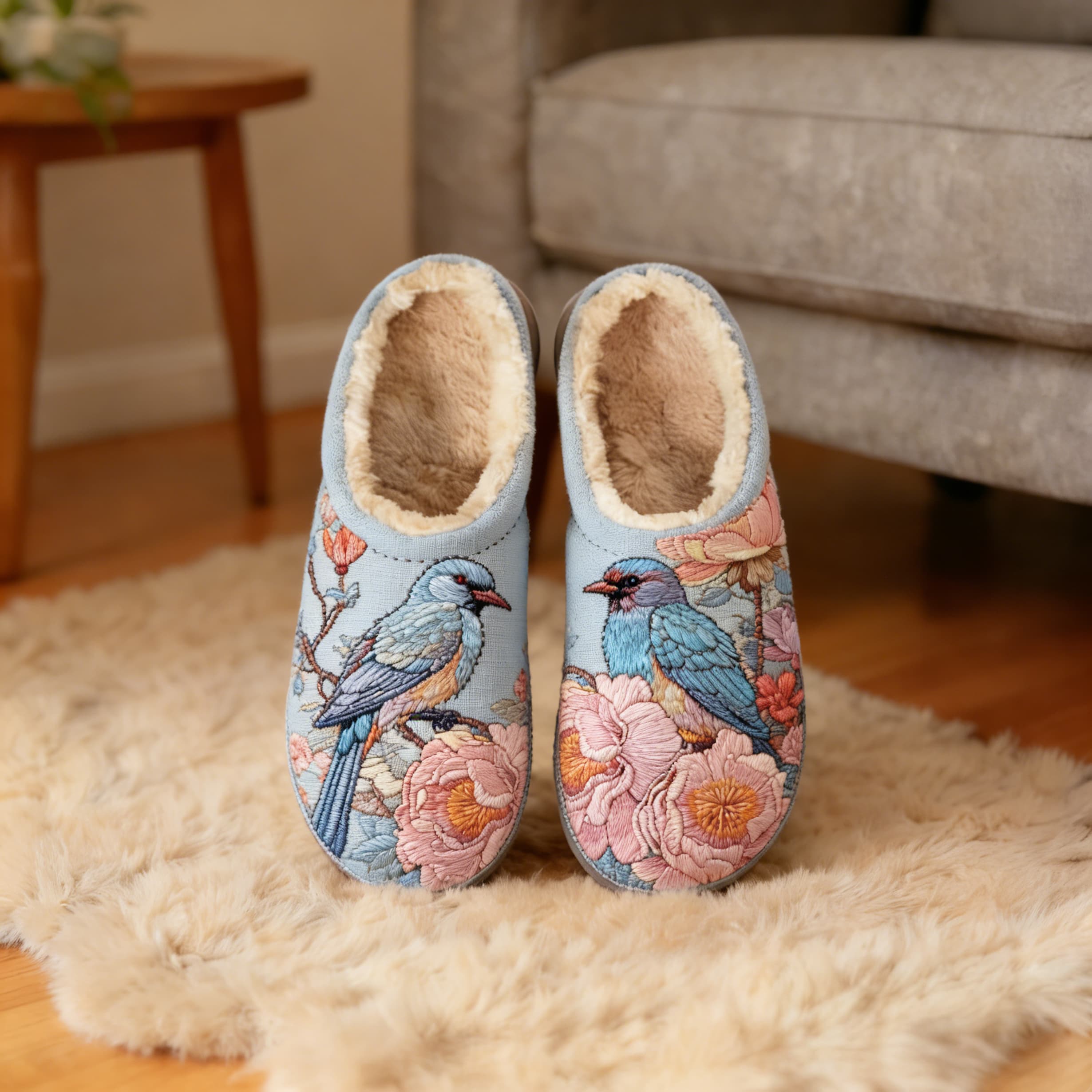 Pale Blue Bird & Peony Embroidery Plush Printed Slippers