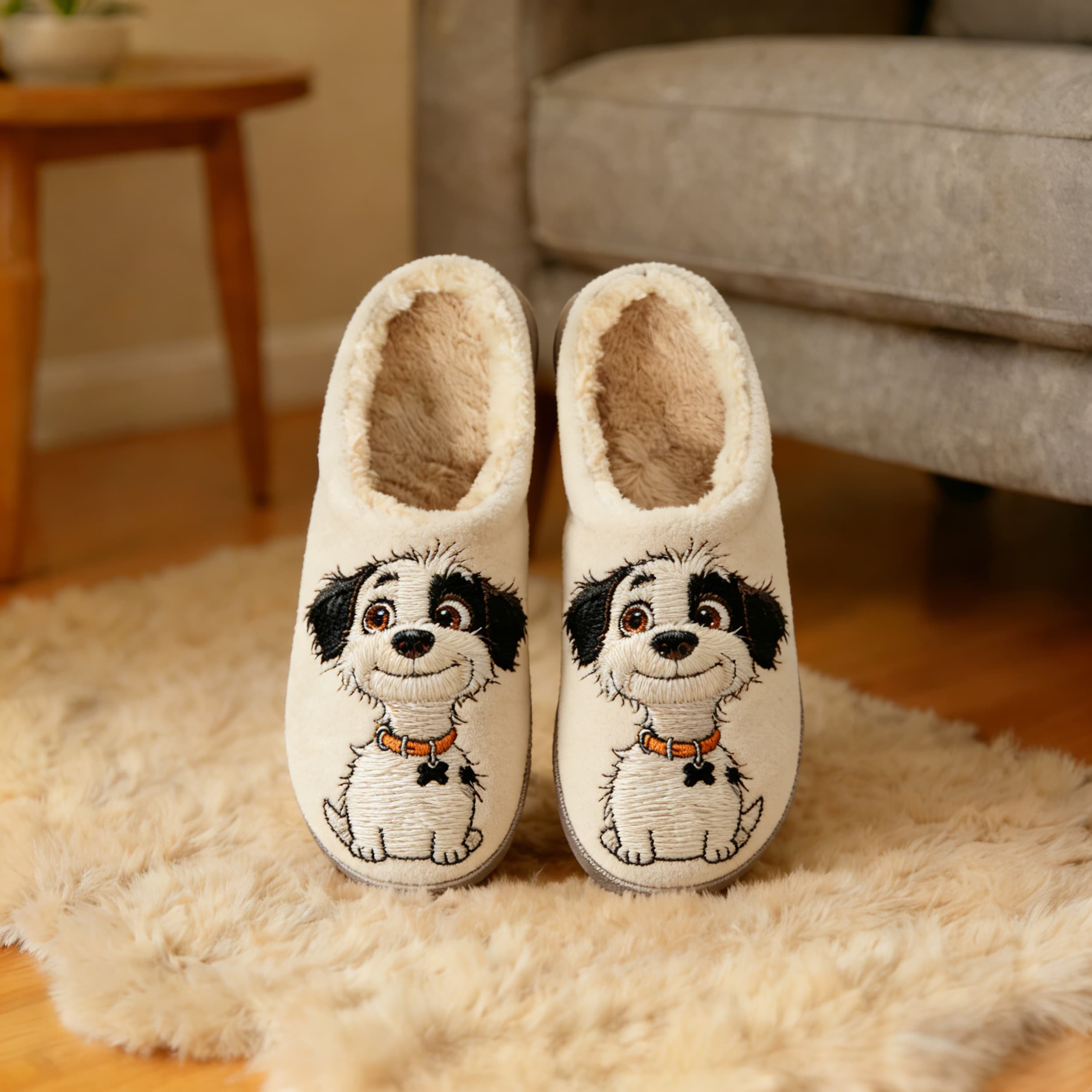 Cream Puppy Cartoon Embroidery Plush Printed Slippers