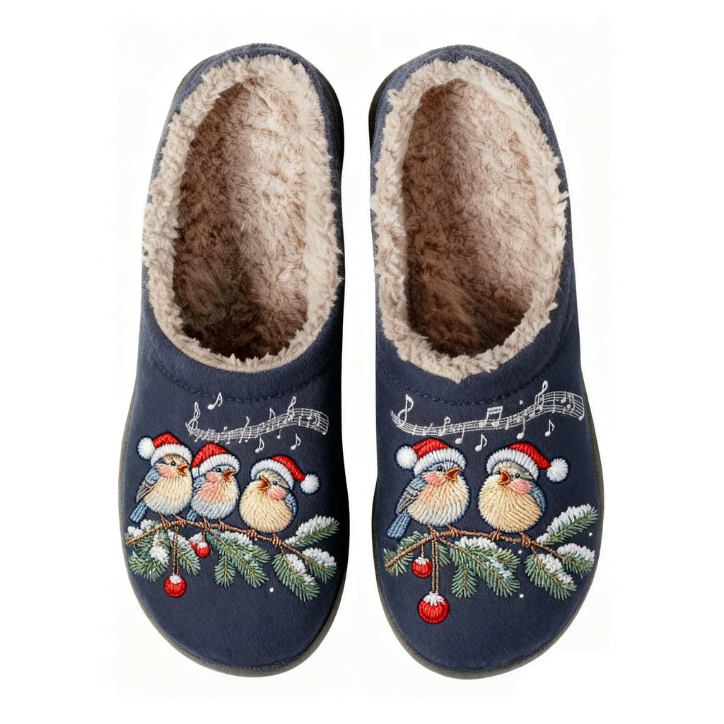 Christmas Caroler Embroidery Blue Plush Printed Slippers
