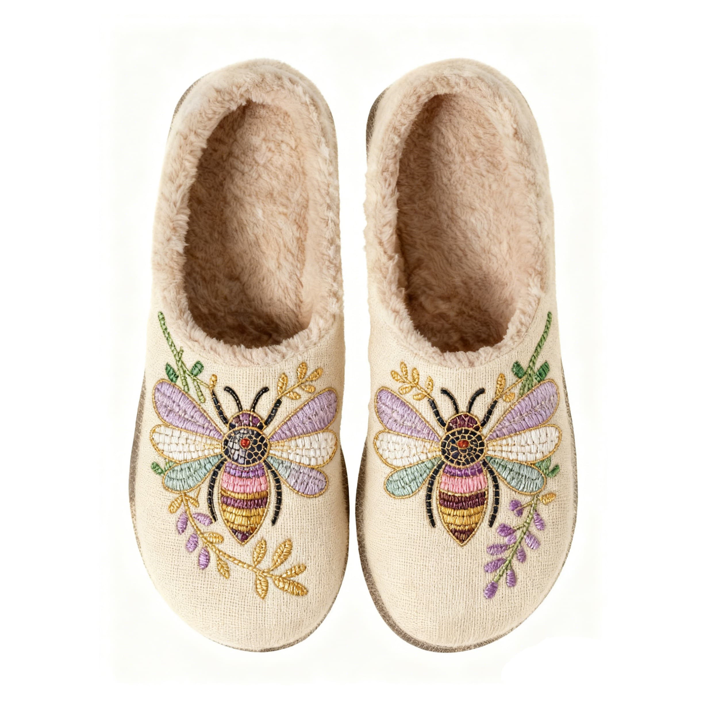 Colorful Bee Embroidery Plush Printed Slippers