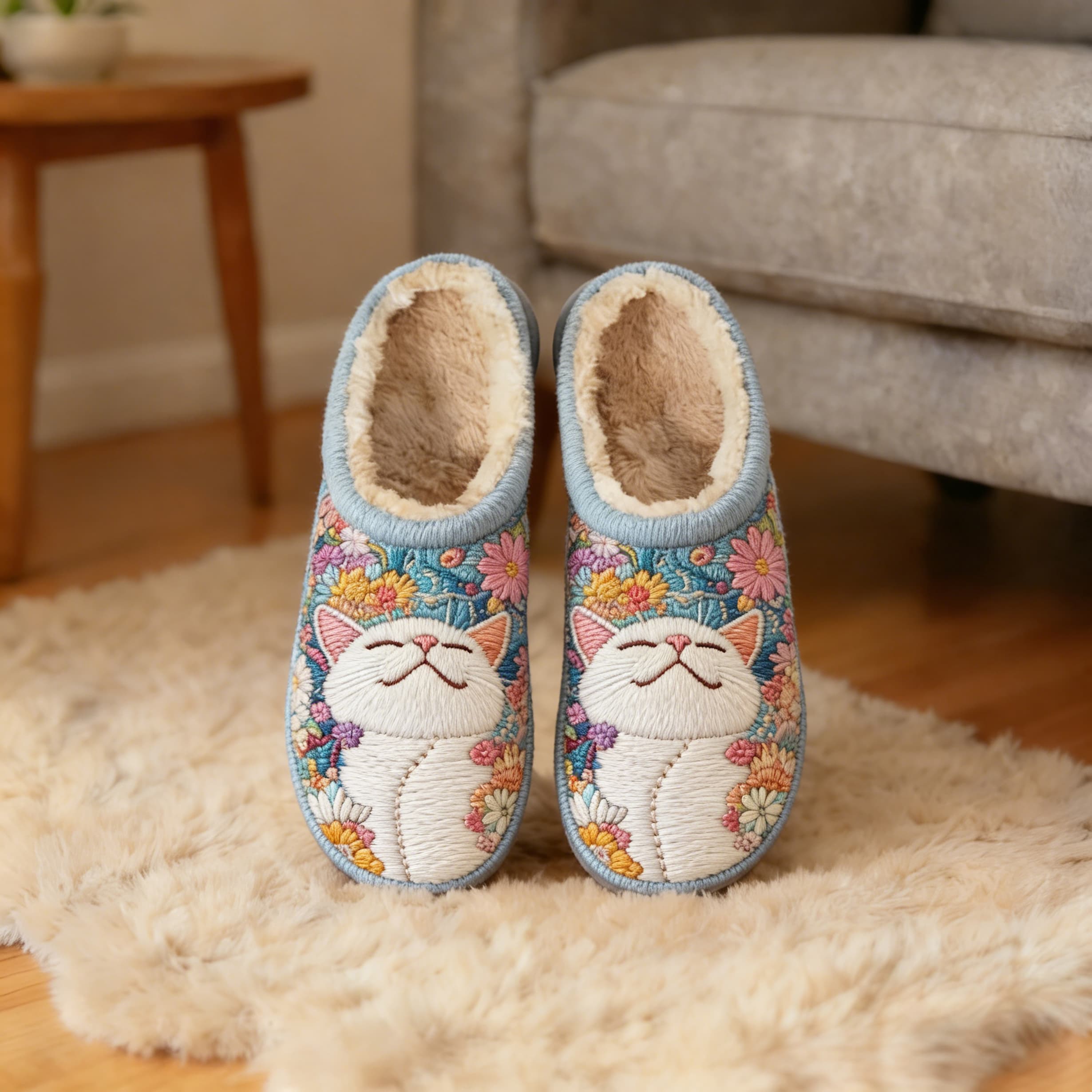 Sky Blue Floral White Cat Embroidery Plush Printed Slippers