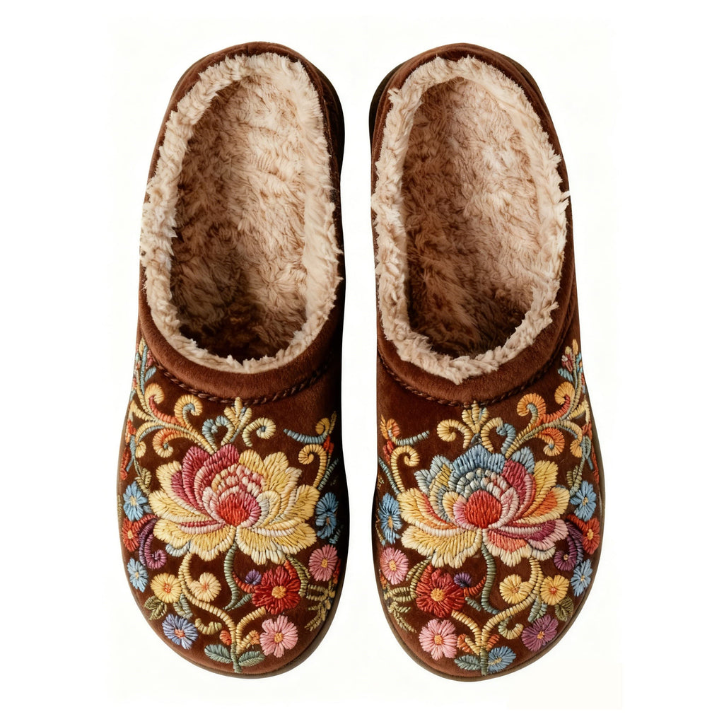 Lotus Totem Embroidery Brown Plush Printed Slippers