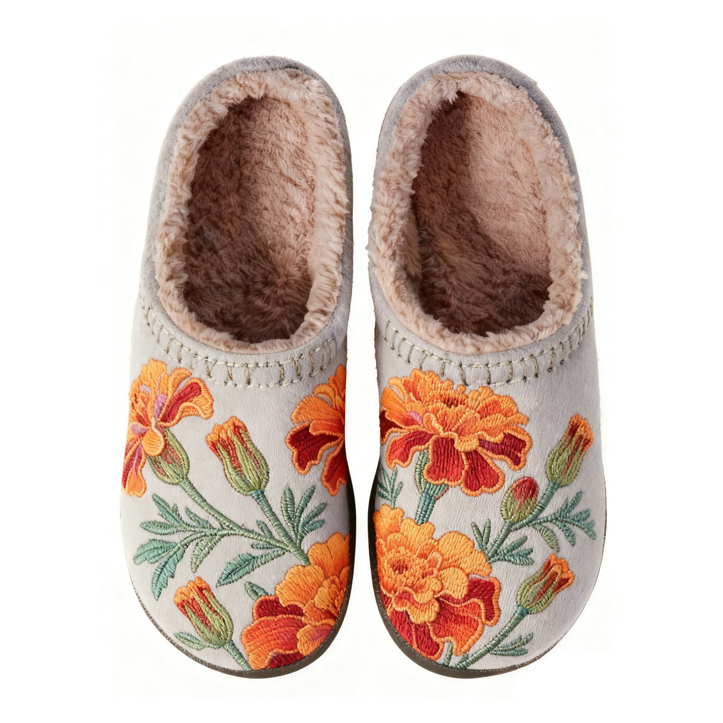 Orange Carnation Embroidery Gray Plush Printed Slippers