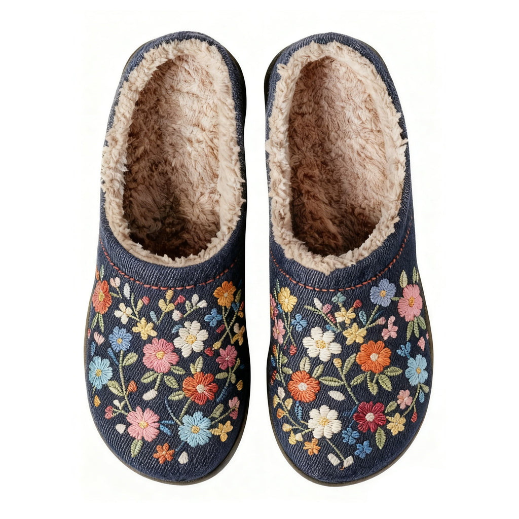 Floral Pattern Embroidery Plush Printed Slippers
