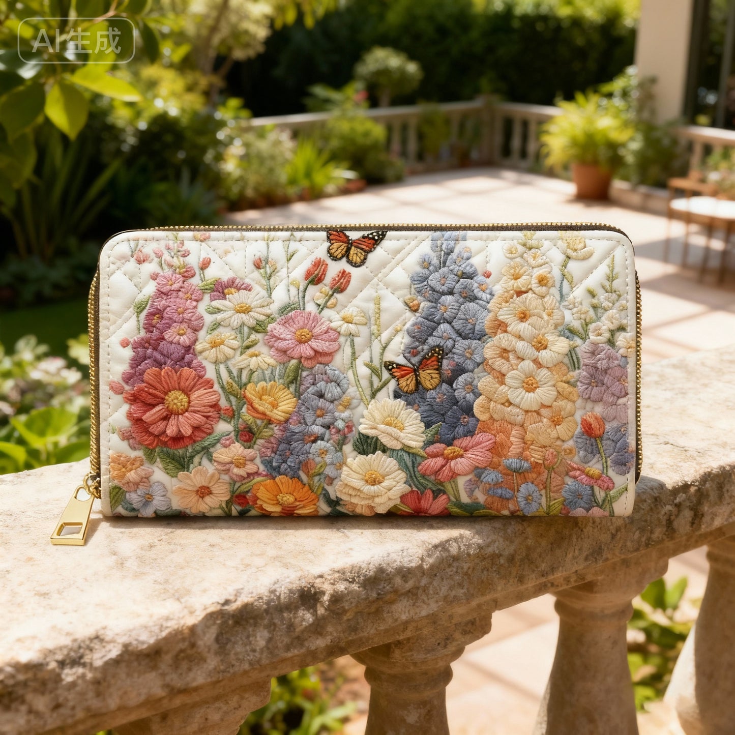 Wind Chime Flowers and Butterflies Van Quilted Wallet