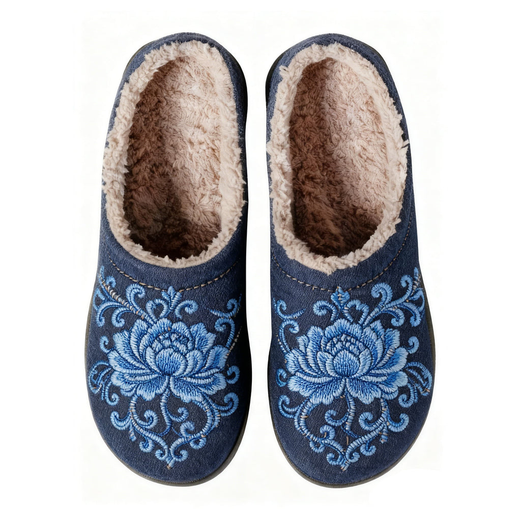 Blue Ice Lotus Embroidery Blue Plush Printed Slippers