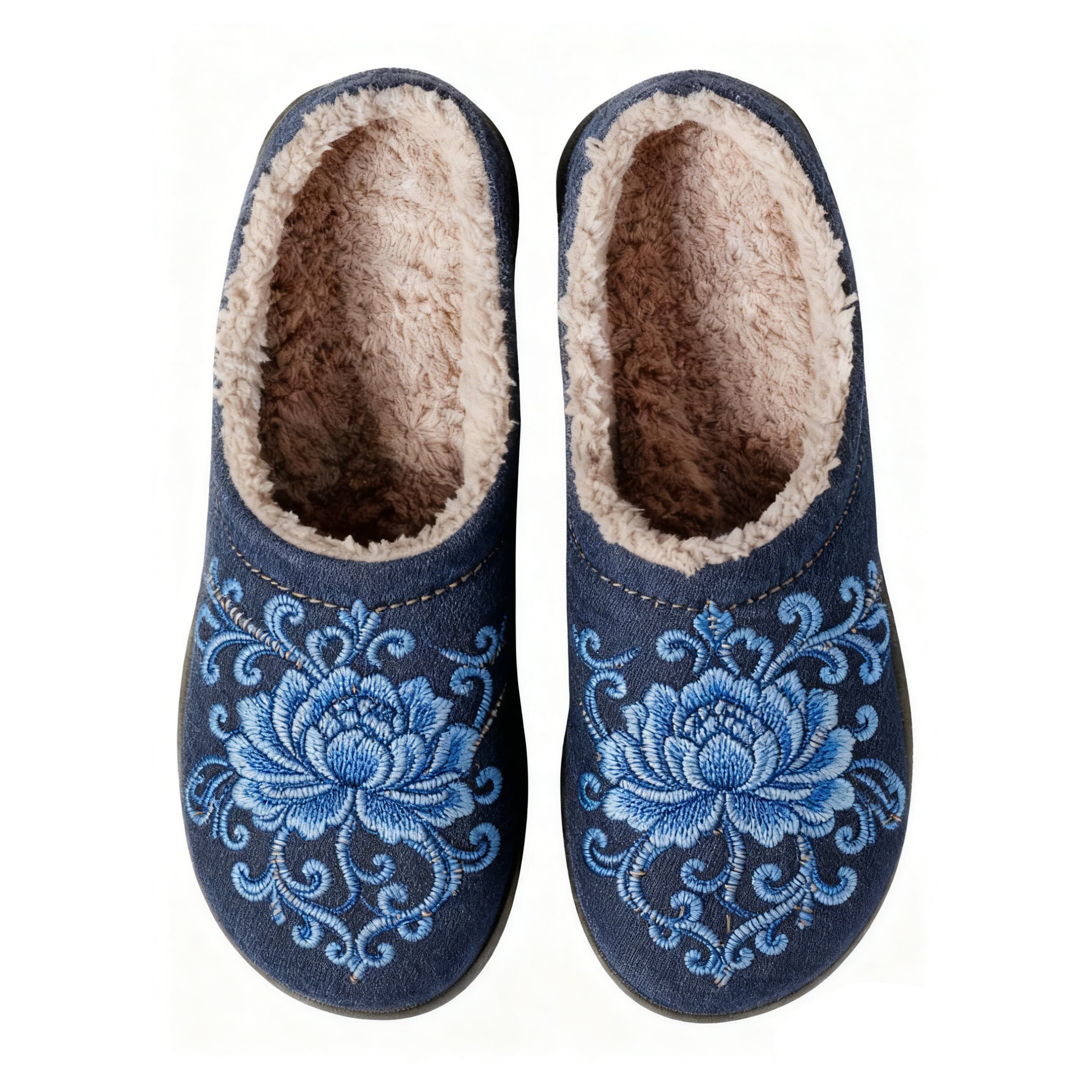 Blue Ice Lotus Embroidery Blue Plush Printed Slippers