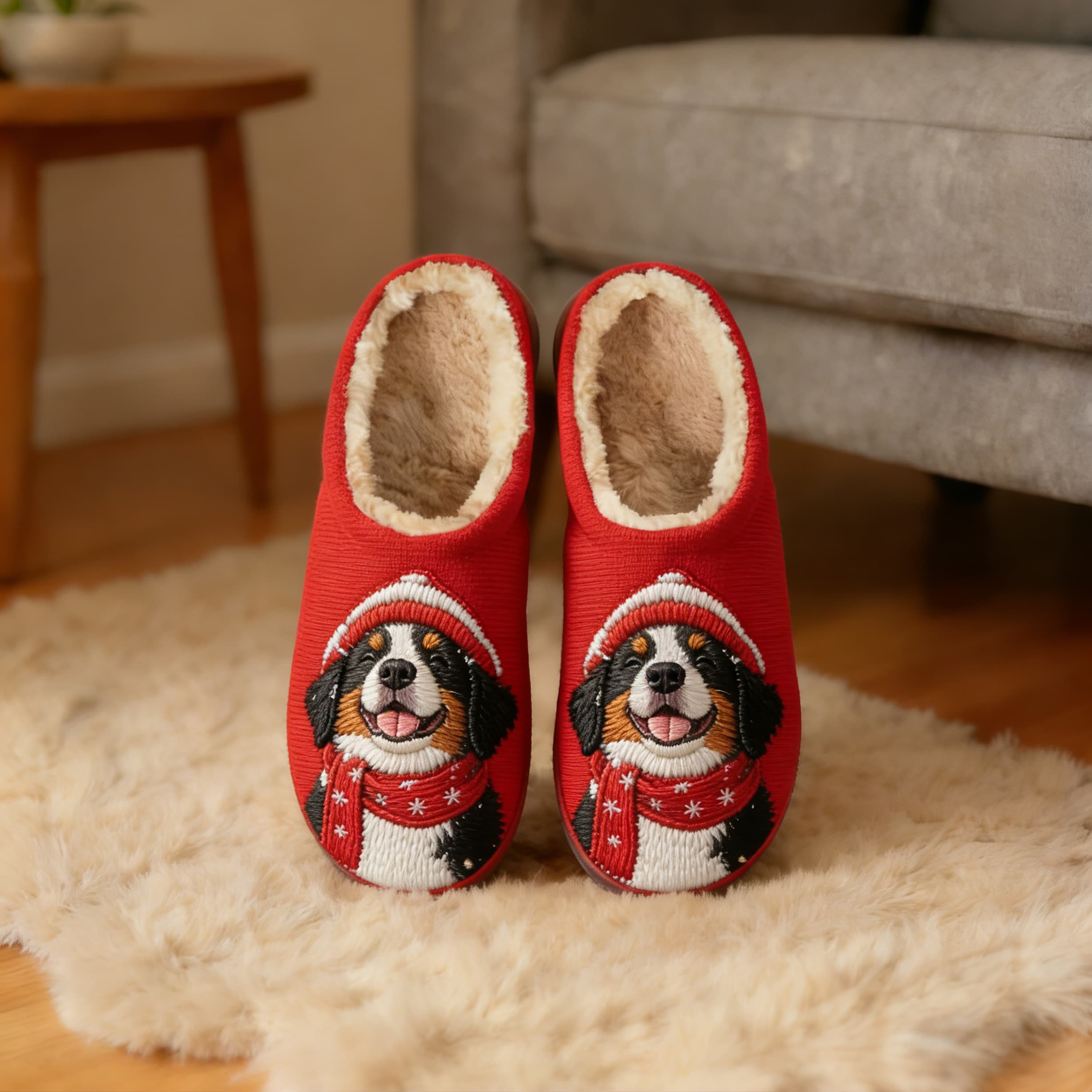 Santa Bernese Mountain Dog Holiday Embroidery Plush Printed Slippers