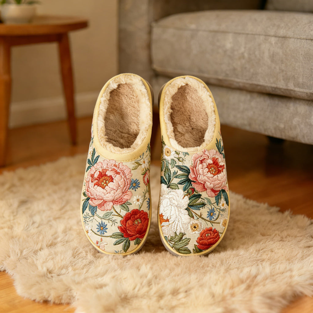Cream Peony Garden Embroidery Plush Printed Slippers