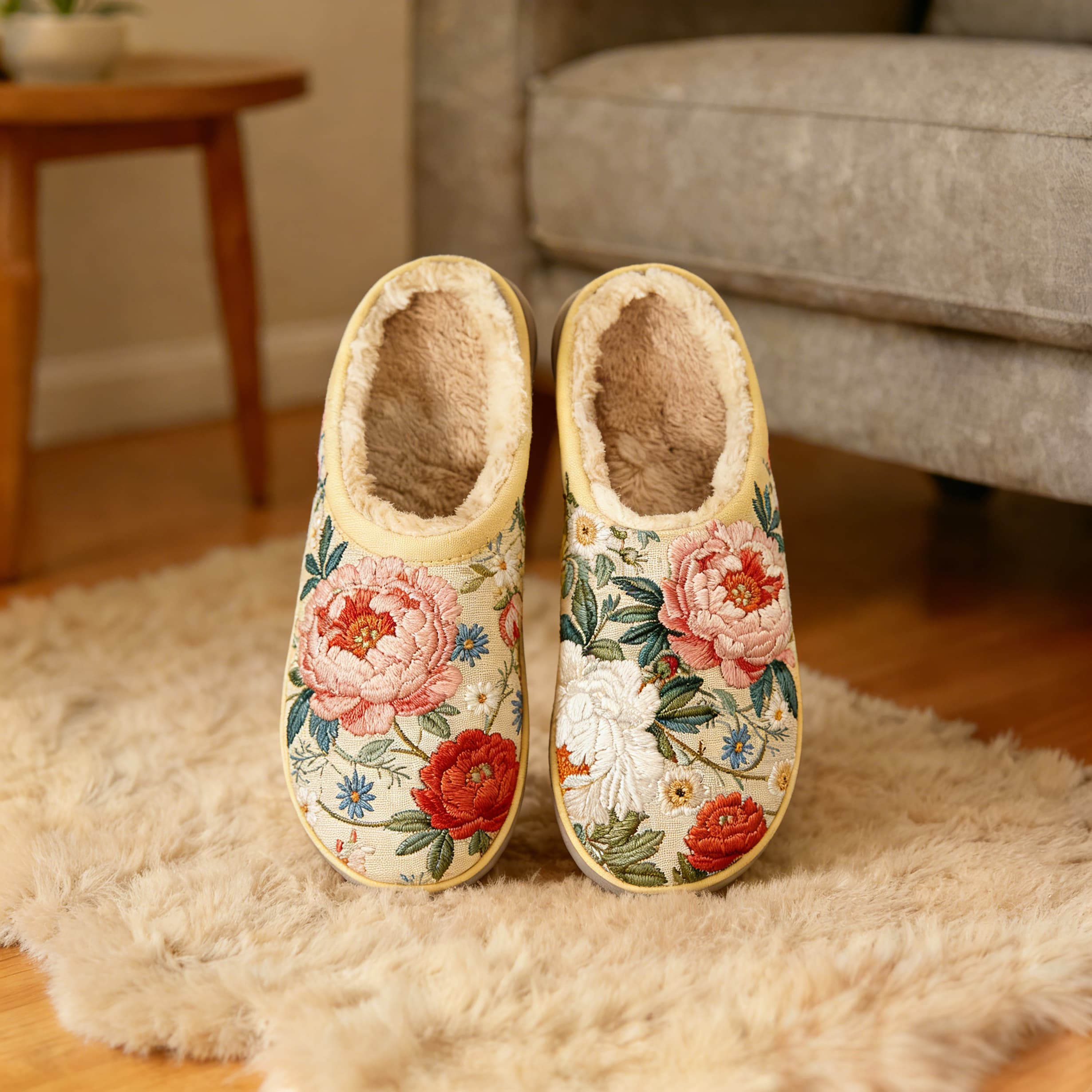 Cream Peony Garden Embroidery Plush Printed Slippers