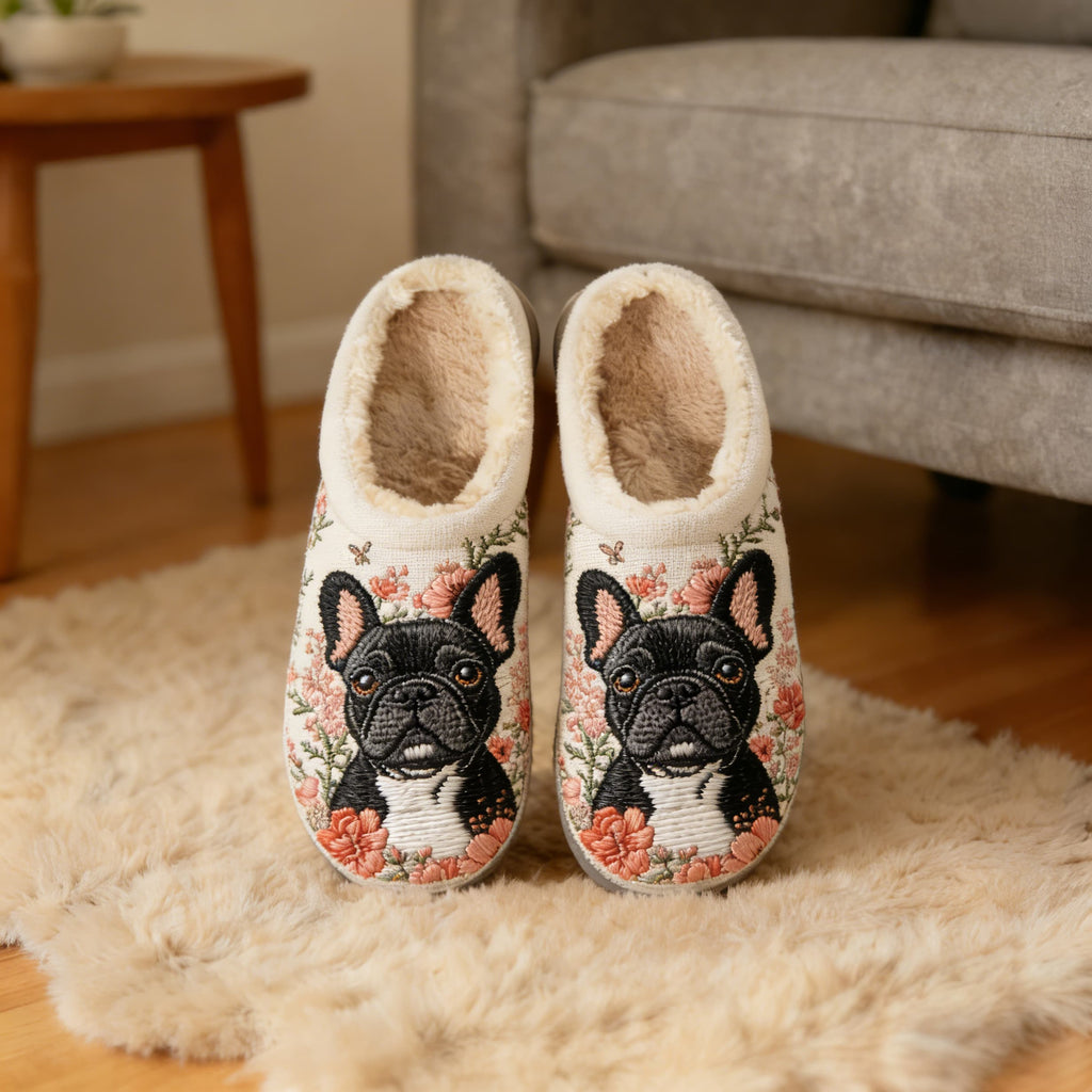 Ivory French Bulldog & Blossom Embroidery Plush Printed Slippers