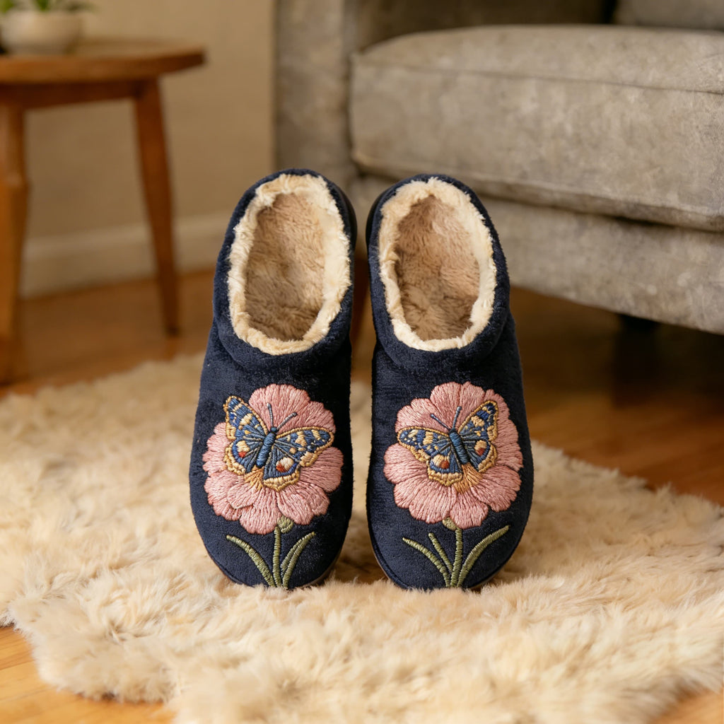 Navy Butterfly & Pink Bloom Embroidery Plush Printed Slippers