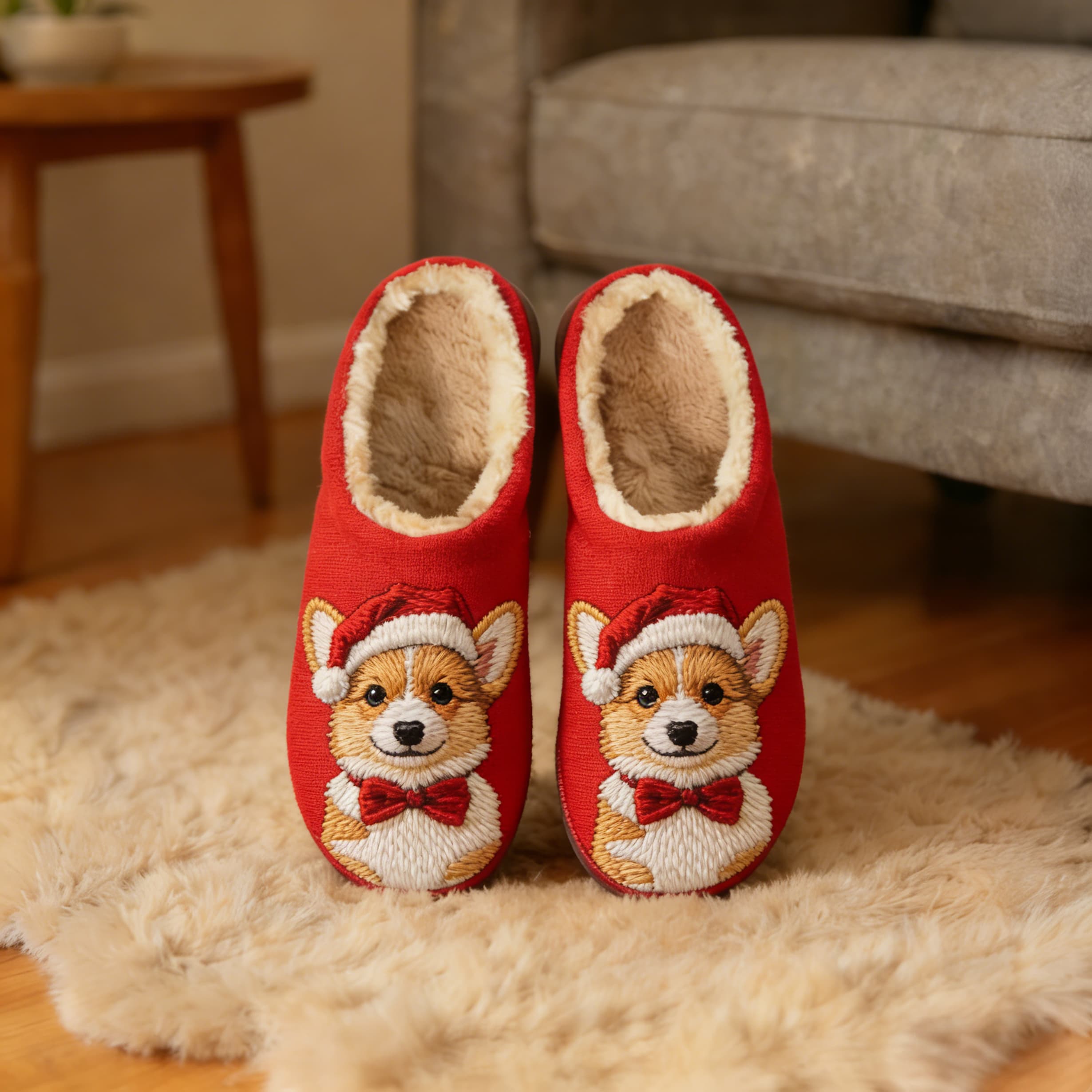 Santa Corgi Festive Embroidery Plush Printed Slippers