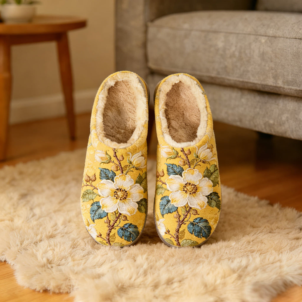 Mustard White Blossom Branch Embroidery Plush Printed Slippers